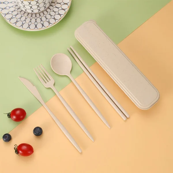 4Pcs Wheat Straw Dinnerware Set Portable ravel Cutlery Reusable Chopstick Fork Knife Spoon Tableware Utensil Box Chopsticks Set - Image 14