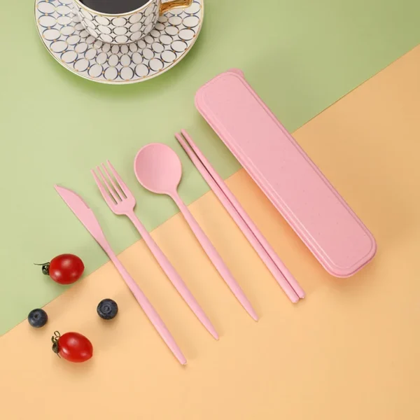 4Pcs Wheat Straw Dinnerware Set Portable ravel Cutlery Reusable Chopstick Fork Knife Spoon Tableware Utensil Box Chopsticks Set - Image 13