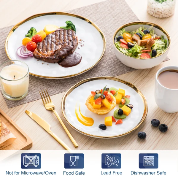 LOVECASA 16/32 Piece White Handmade Dinnerware Set with Gold Trim Stonewre Set Dinner Plate/Dessert Plate/Cup/Bowl Tableware Set - Image 3