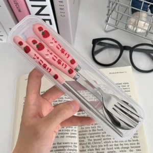 Ceramic Handle Dinnerware Strawberry Chopsticks Spoon Fork Cutlery Set with Case Portable Travel Stainless Steel Tableware