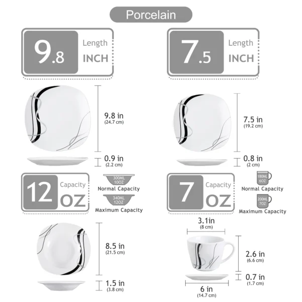 VEWEET 30/60 Piece Black Lines Porcelain Ceramic Tableware Set with Dessert Plates/Soup Plates/Dinner Plates/Cups/Saucers - Image 2