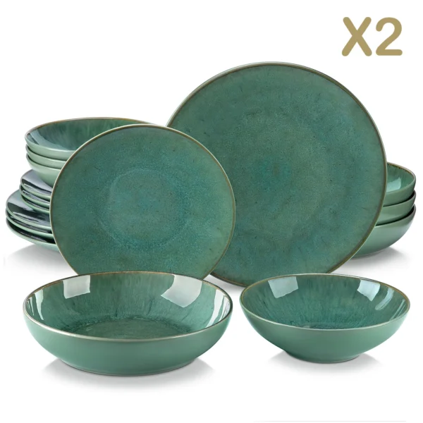 Vancasso 16/32 Piece Green Embossed Stoneware Tableware Set with 4PCS Dinner/Dessert Plate/Soup Bowl/Mug Service for 4/8/12 - Image 7