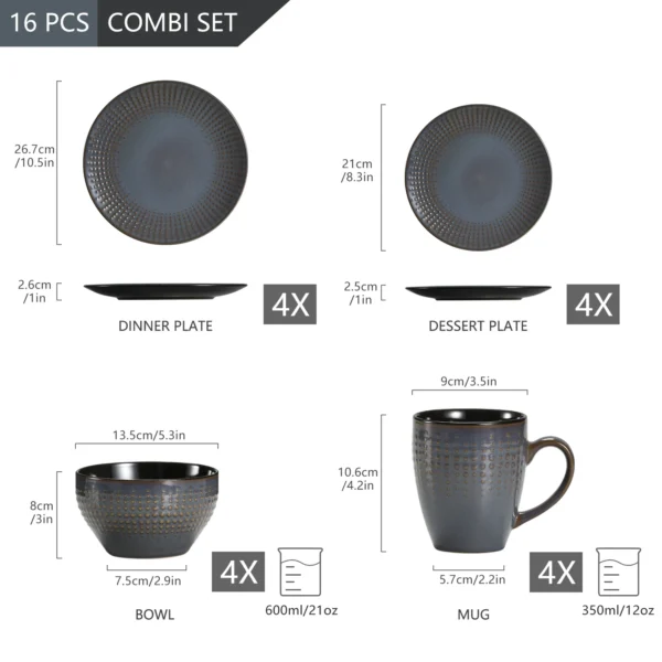 vancasso GUTO 16/32 Piece Embossed Relief Stoneware Tableware Set with Dinner/Dessert Plate/Soup Bowl/Mug Service for 4/8/12 - Image 2