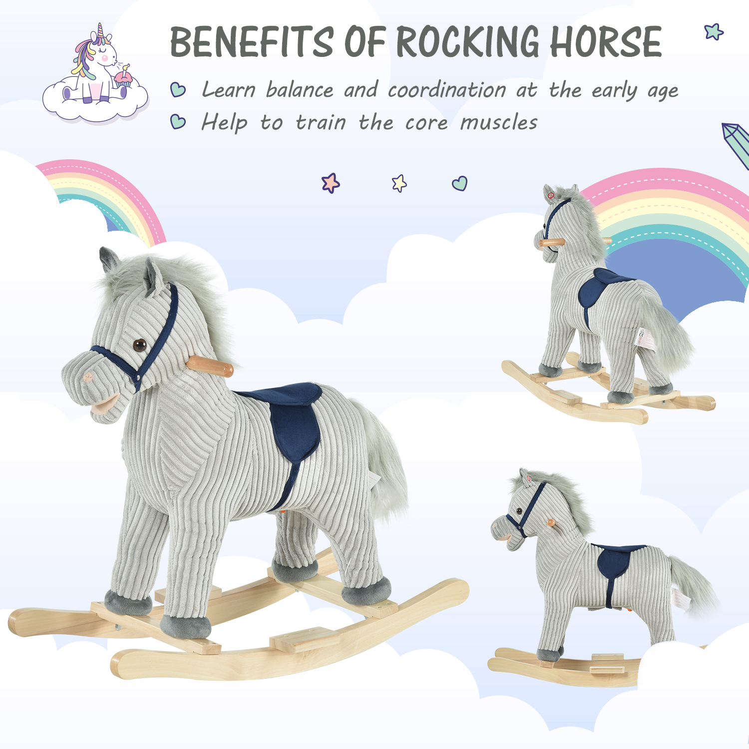 HOMCOM Kids Plush Rocking Horse w/ Sound Children Rocker Ride On Toy Gift 3-6 Years Grey - Image 6