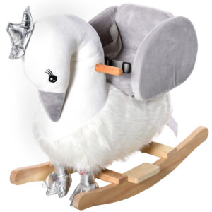 HOMCOM Kids Rocking Horse, Children Plush Ride On Swan Animal Rocker w/ Sound, Wood Base Seat, Safety Belt, Baby Toy Rocker for Toddler 18 - 36 Months, White and Grey