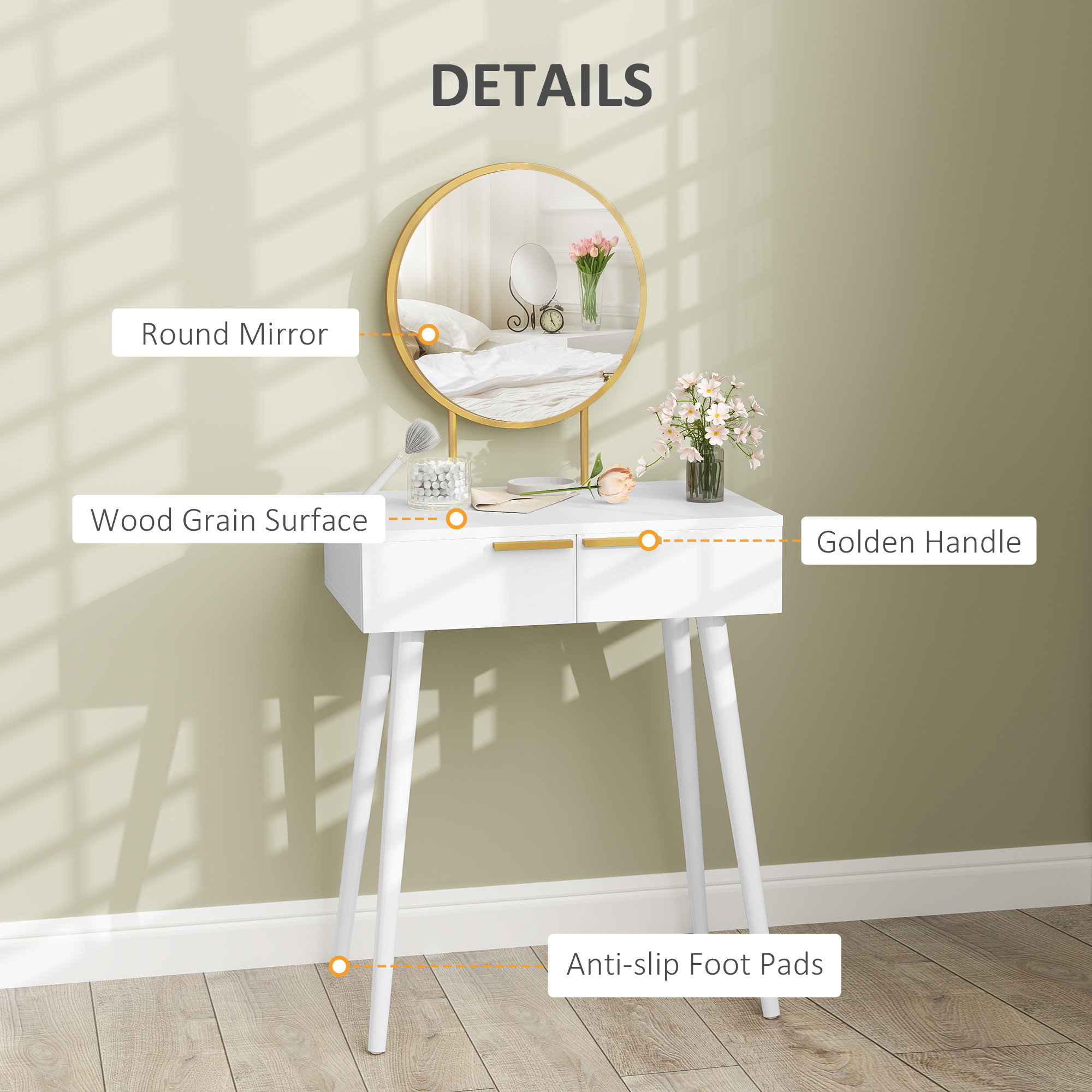 HOMCOM Elegant Dressing Table, with Round Mirror, 60 x 40 x 123 cm - White - Image 4