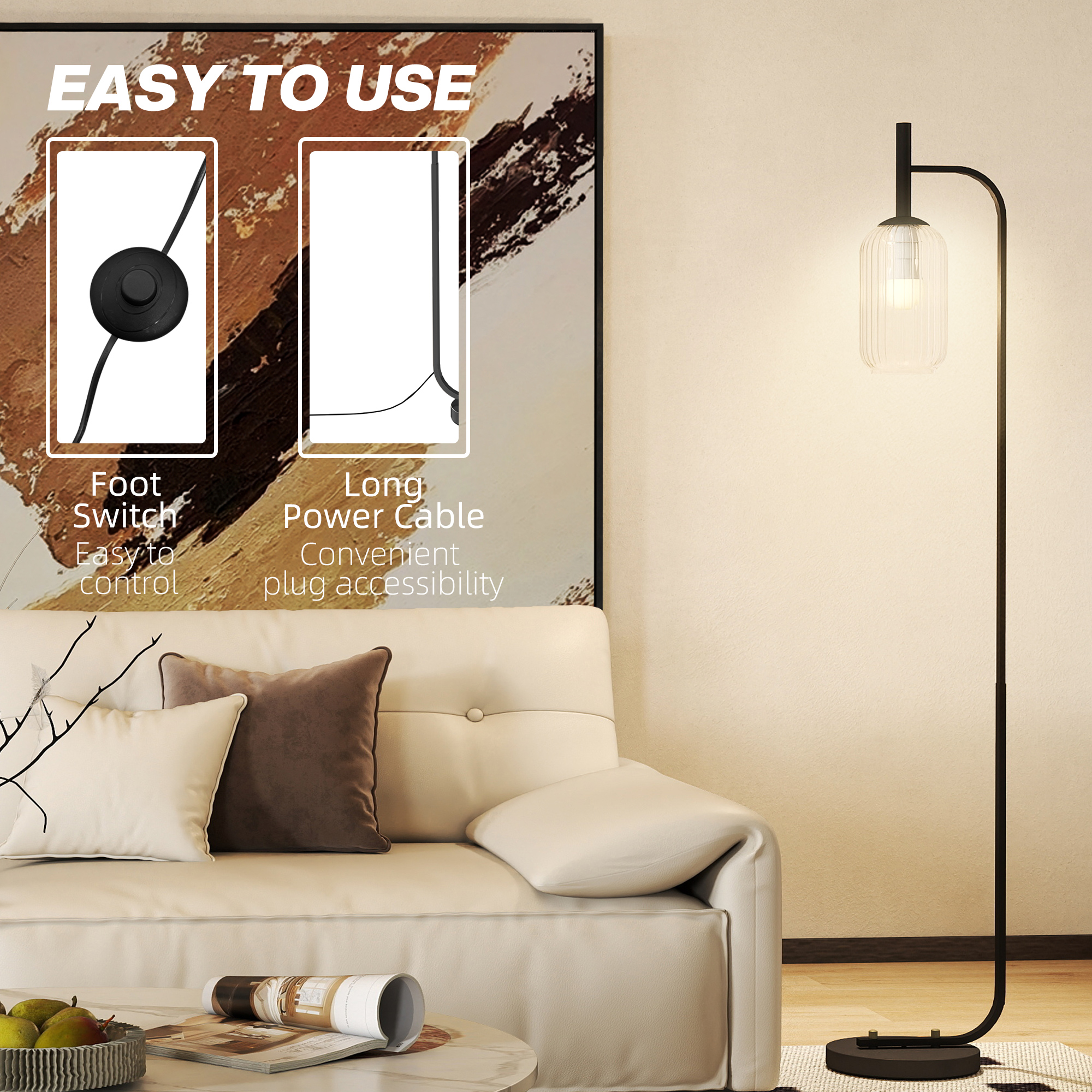 HOMCOM Floor Lamp for Living Room with Glass Lampshade, Modern Standing Lamp with Foot Switch for Bedroom, Bulb not Included, Black - Image 5