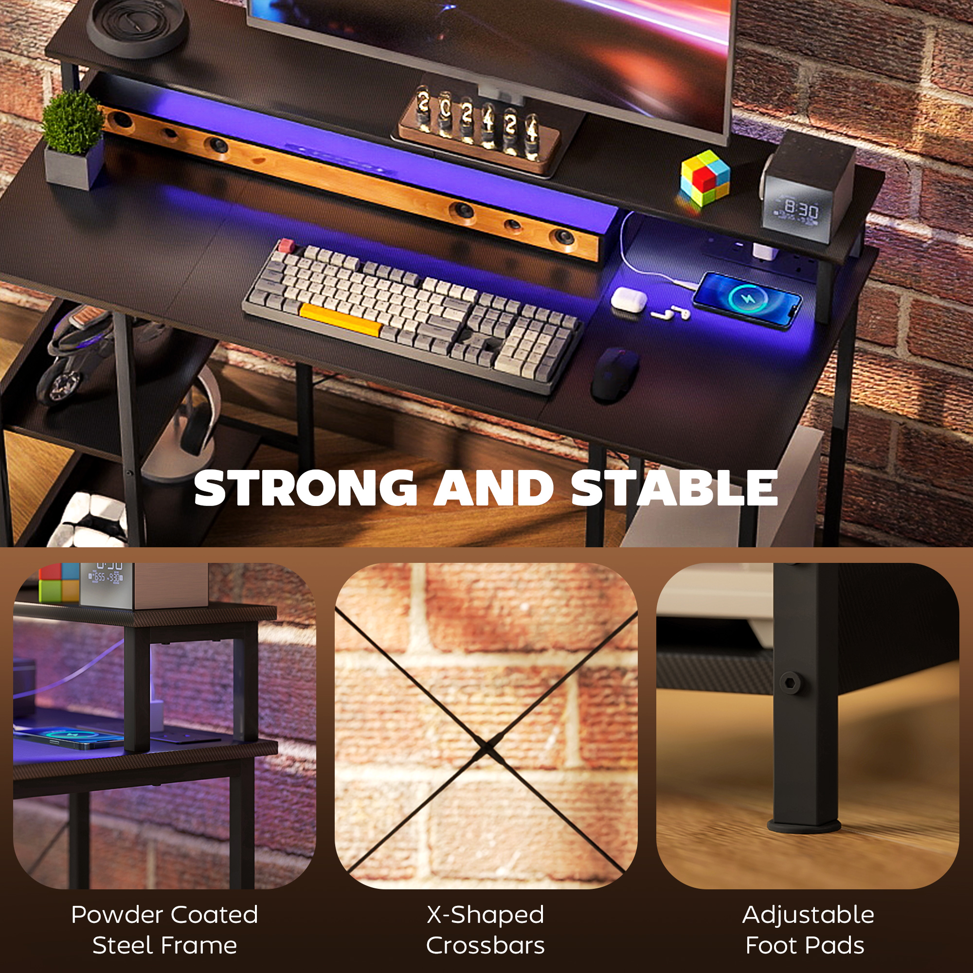 HOMCOM LED Computer Desk, with Power Outlets and Shelves - Carbon Fibre Grey - Image 9