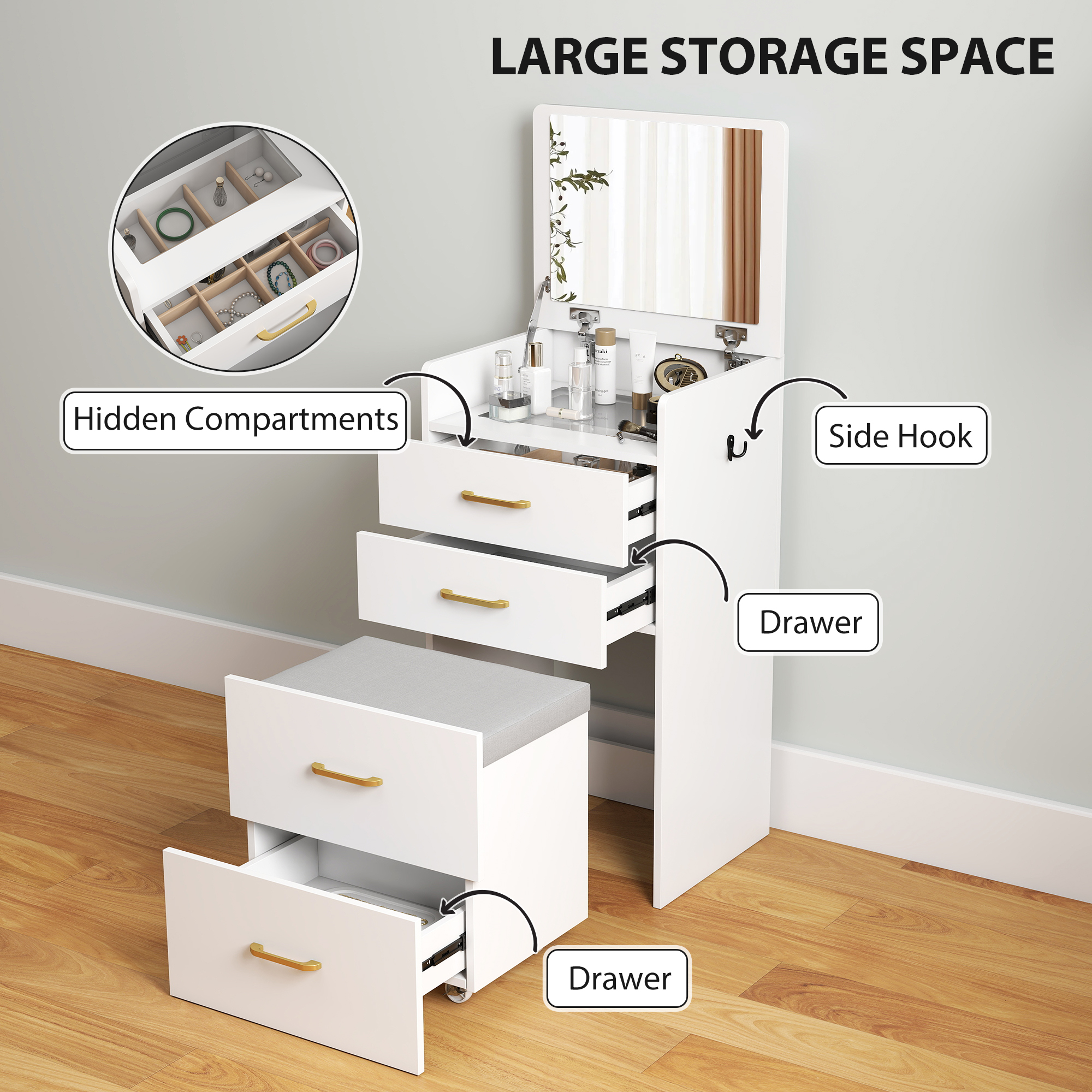 HOMCOM Compact Dressing Table and Stool Set, with Storage - White - Image 6