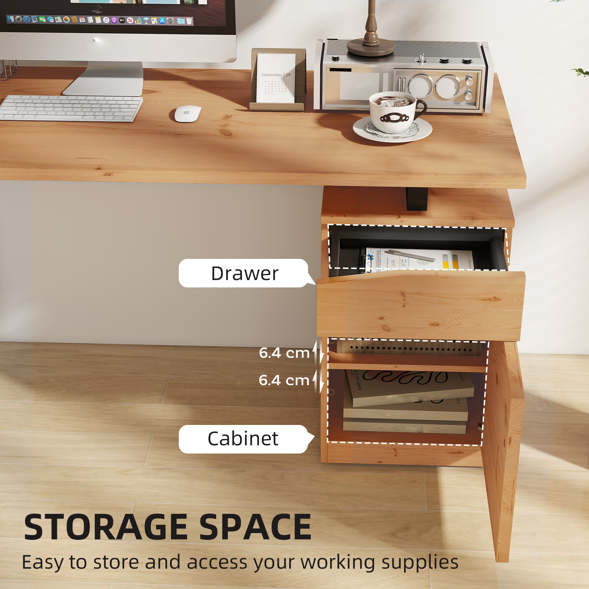 HOMCOM Computer Desk, Writing Desk with Cabinet, Drawer, Metal Legs, Work Table for Home Office Study, Natural Wood Finish - Image 5