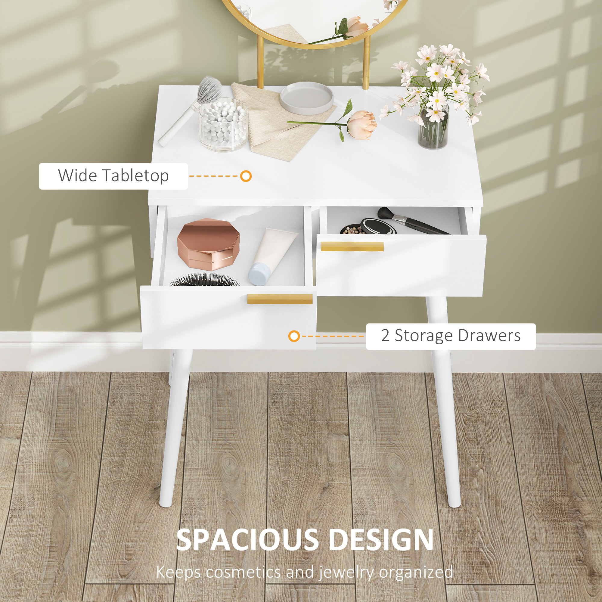 HOMCOM Elegant Dressing Table, with Round Mirror, 60 x 40 x 123 cm - White - Image 5