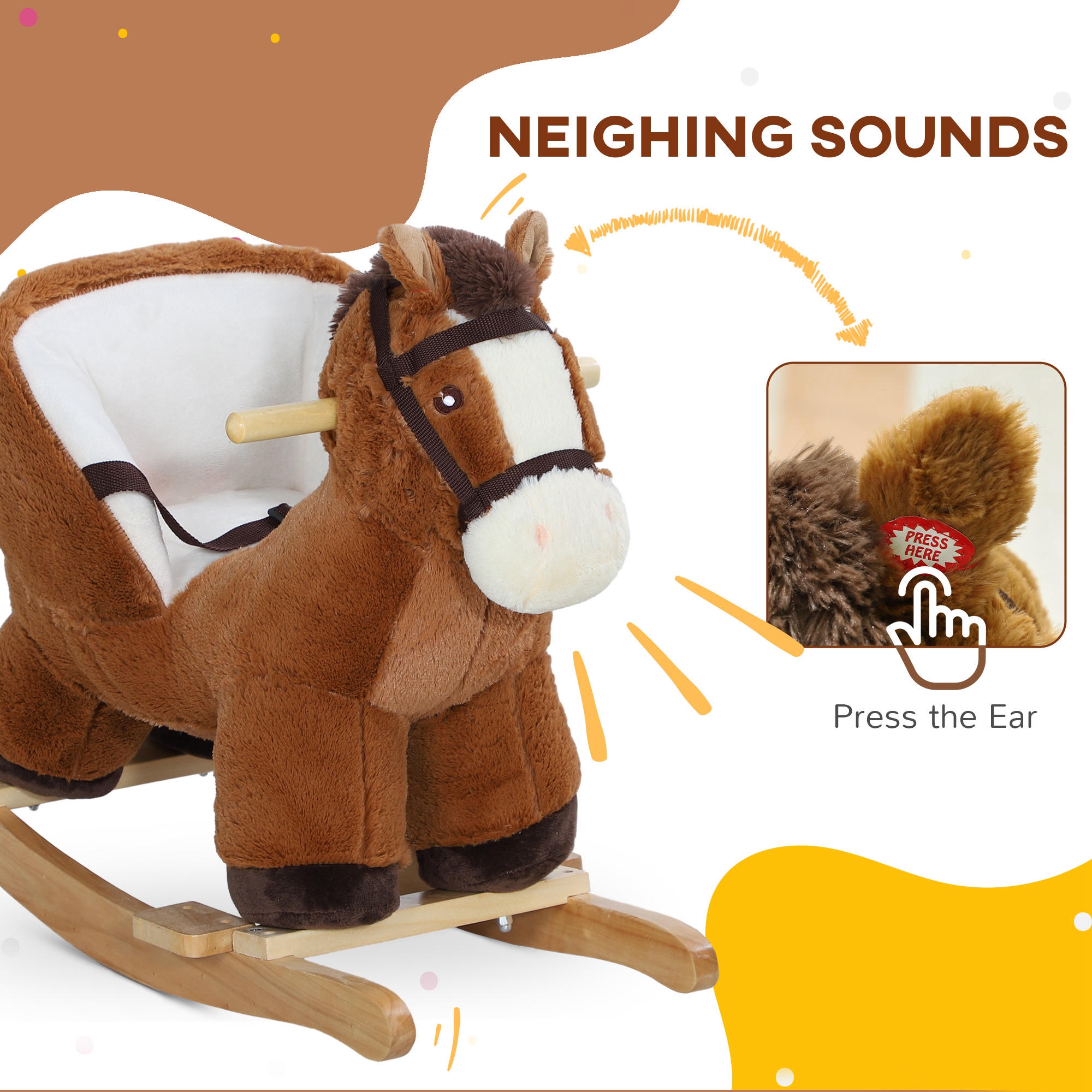 AIYAPLAY Kids Rocking Horse, Plush Ride on Horse, with Sound, Wood Base, for Ages 18-36 Months, Brown - Image 4