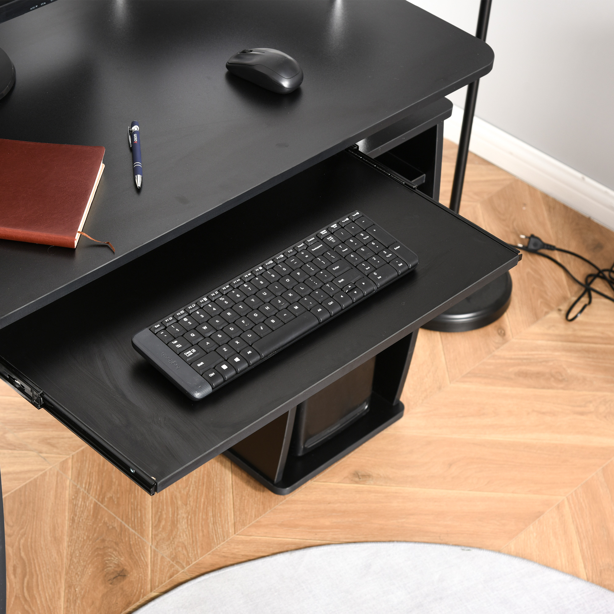HOMCOM Computer Desk Office PC Table Workstation with Keyboard Tray, CPU Shelf, Drawers, Sliding Scanner Shelf, Black - Image 9