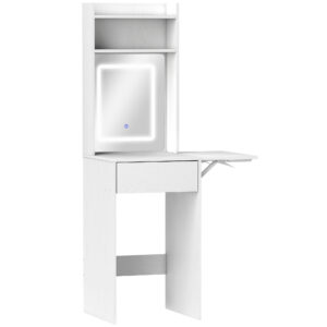 HOMCOM Small Vanity Desk with Mirror and LED Lights, Compact Dressing Table with Drop Leaf, Open Shelves and Drawer, White