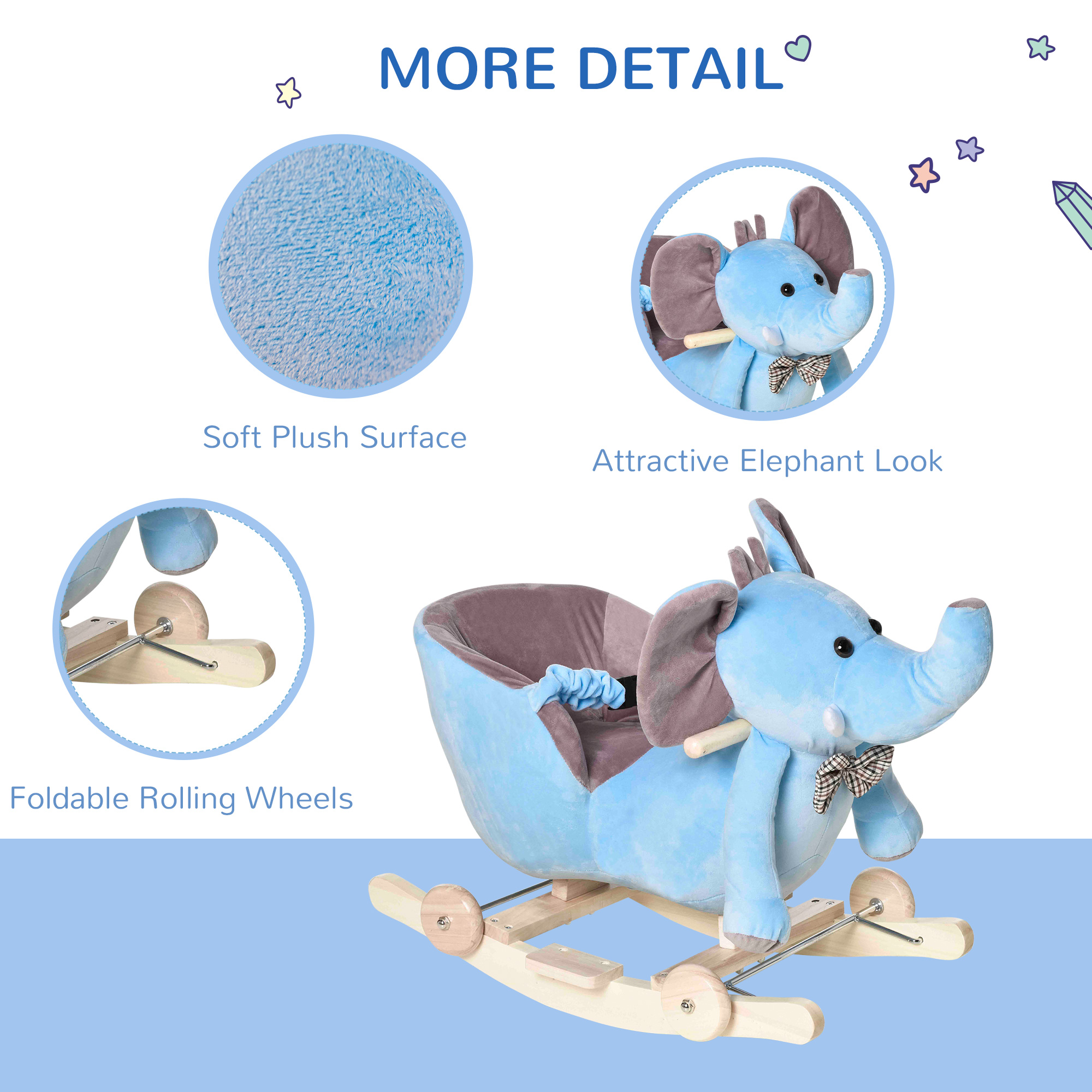 HOMCOM 2 In 1 Plush Baby Ride on Rocking Horse Elephant Rocker with Wheels Wooden Toy for Kids 32 Songs for 18+ Months (Blue) - Image 7