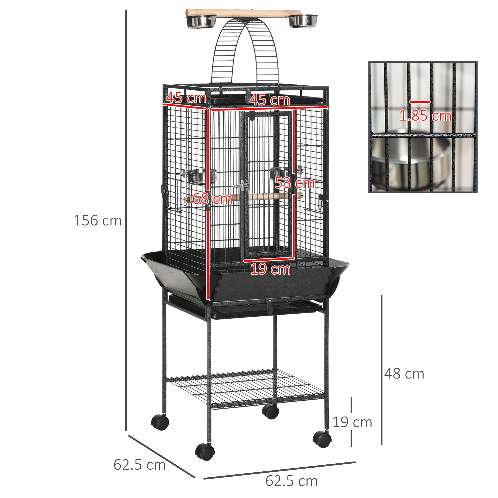PawHut 156cm Bird Cage,Large Parrot Cage with Open Play Top, Perch, Seed Guard, Wheels, Storage Shelf, Dark Grey - Image 3