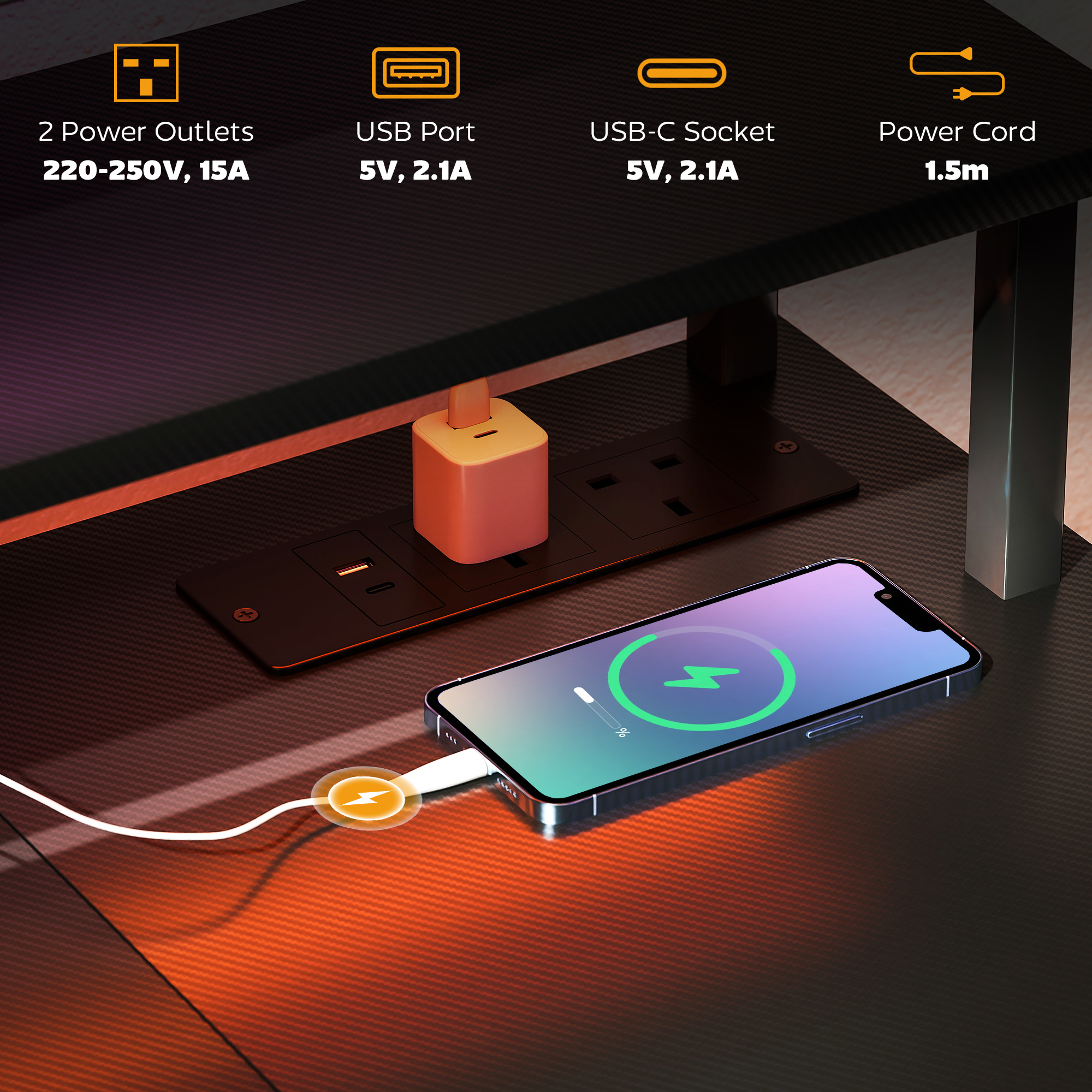 HOMCOM LED Computer Desk, with Power Outlets and Shelves - Carbon Fibre Grey - Image 4