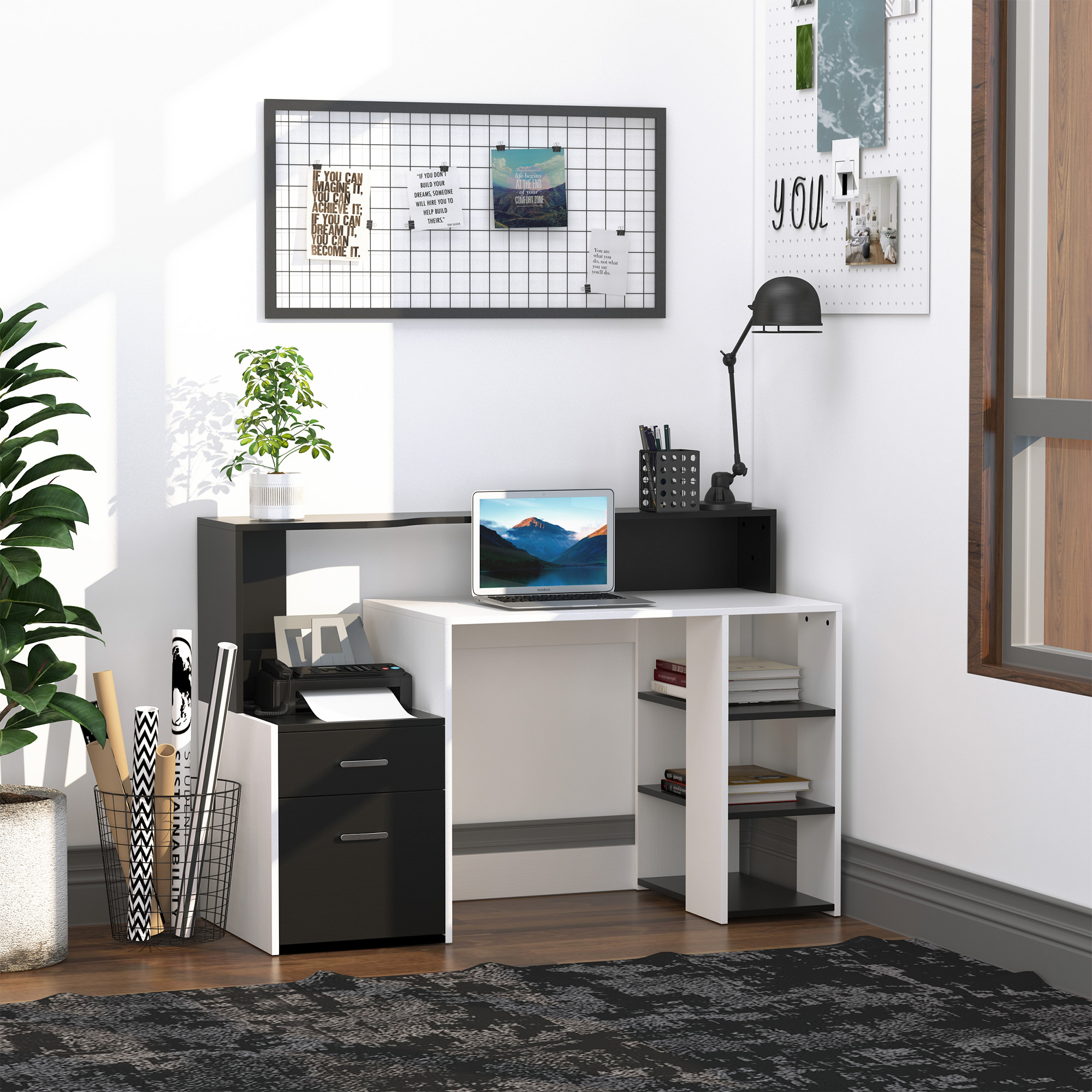 HOMCOM Computer Desk with Drawers and Storage Shelves, Office Desk Writing Table with Printer Stand, Large Workstation for Study Play Work Home Office, 137 x 55 x 92cm, Black and White - Image 2