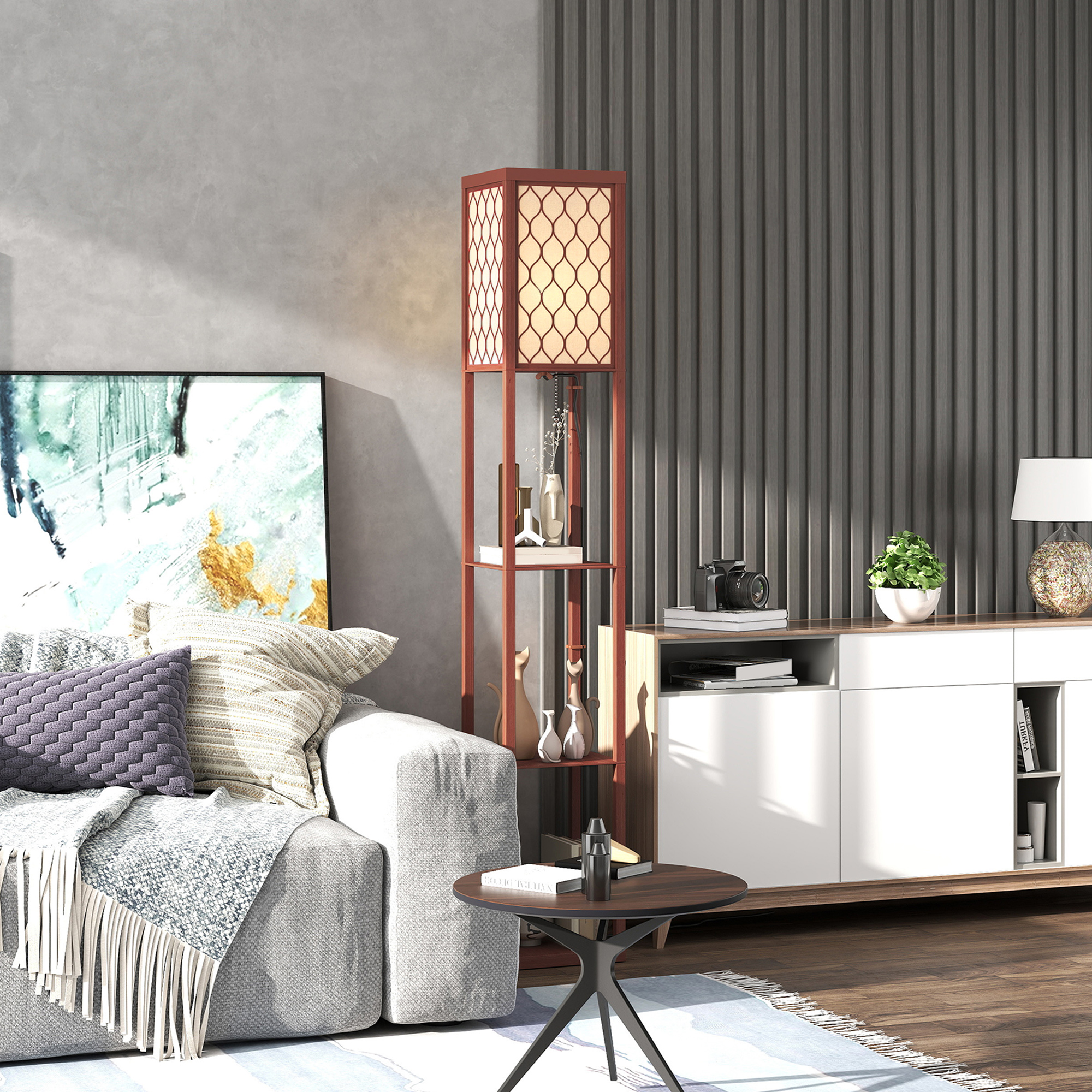 HOMCOM Three-Shelf Standing Lamp - Brown/White - Image 9