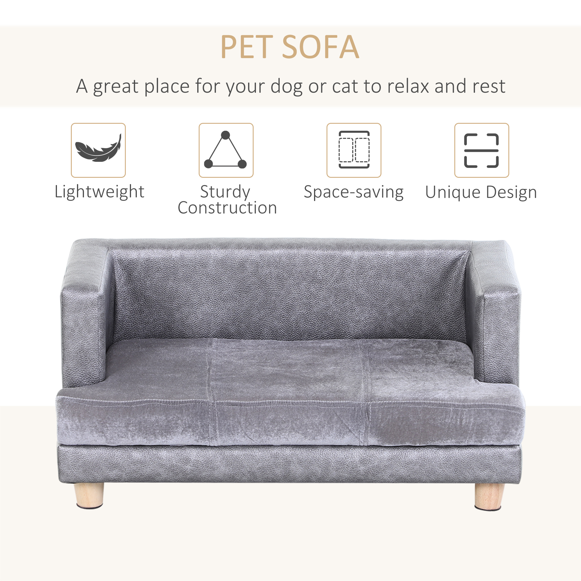 PawHut Dog Sofa Bed for Small-Sized Dogs, Elevated Pet Chair with PU Cover, Soft Cushion, Cat Couch Lounger with Anti-slip Legs - Grey - Image 4