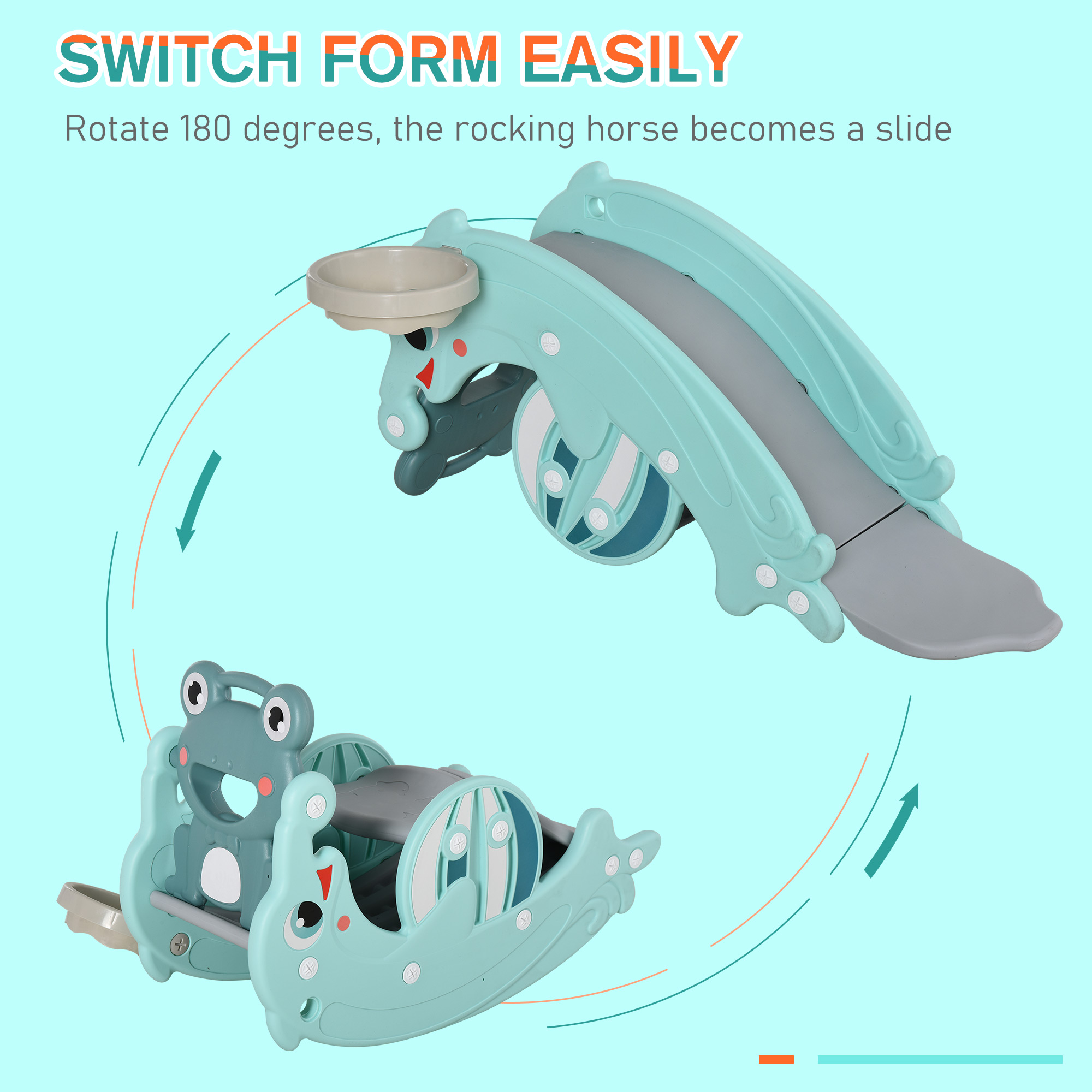 HOMCOM 3-in-1 Baby Rocking Horse Portable Slide Basketball Hoop Equipment Indoor Outdoor Playground Toy, Age 18-36 Months, Green - Image 6