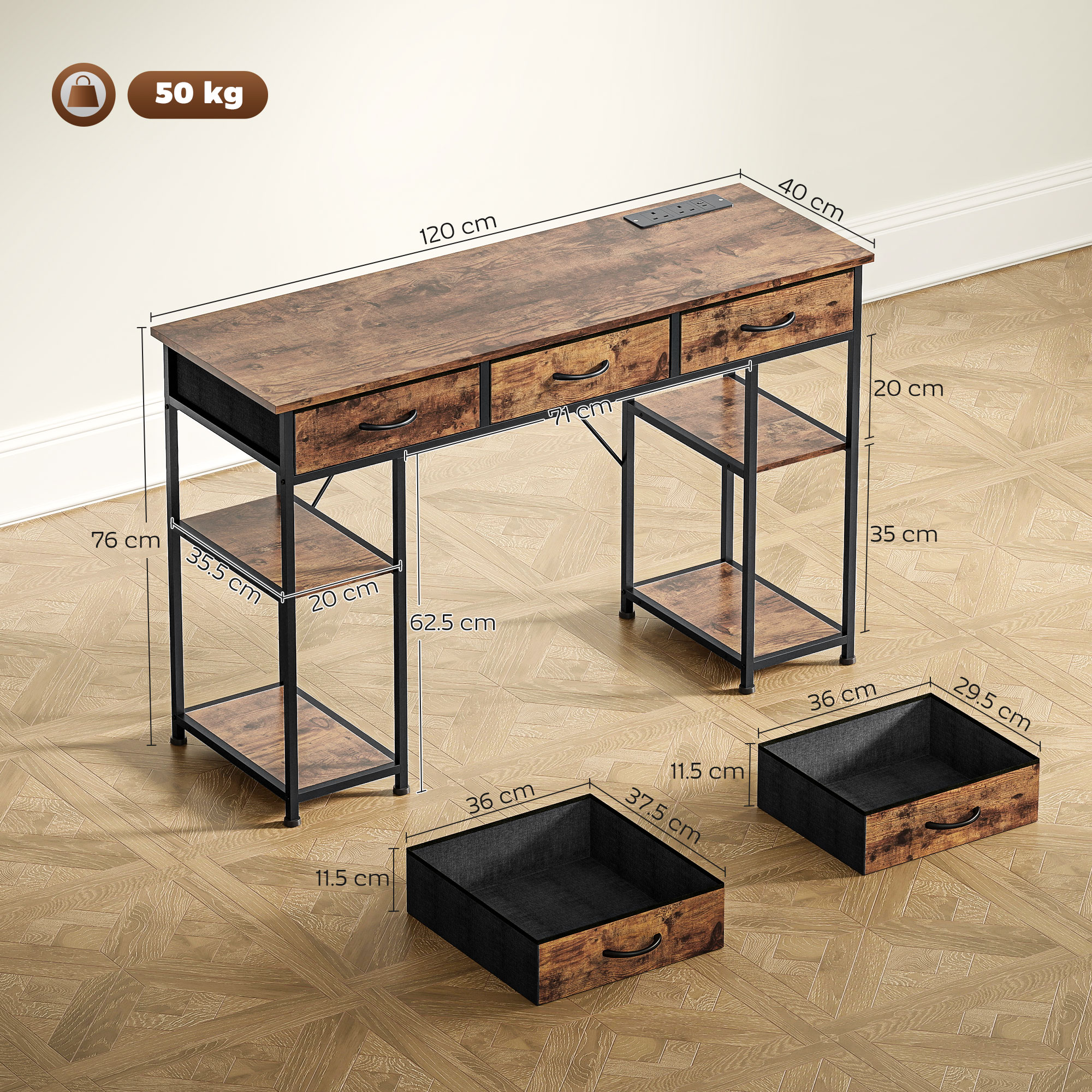 HOMCOM 120cm Computer Desk with Power Outlets, Office Desk Study Table with Fabric Drawers and Storage Shelves, Rustic Brown - Image 3