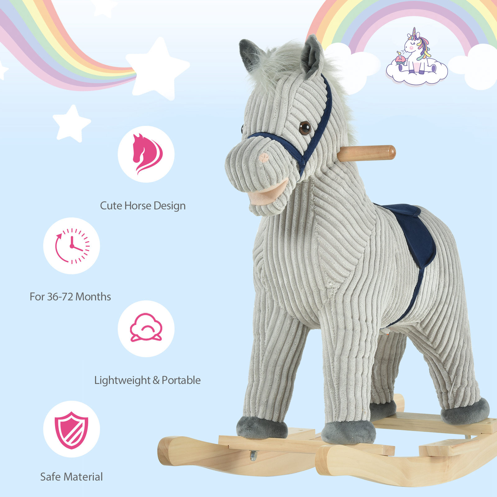 HOMCOM Kids Plush Rocking Horse w/ Sound Children Rocker Ride On Toy Gift 3-6 Years Grey - Image 7