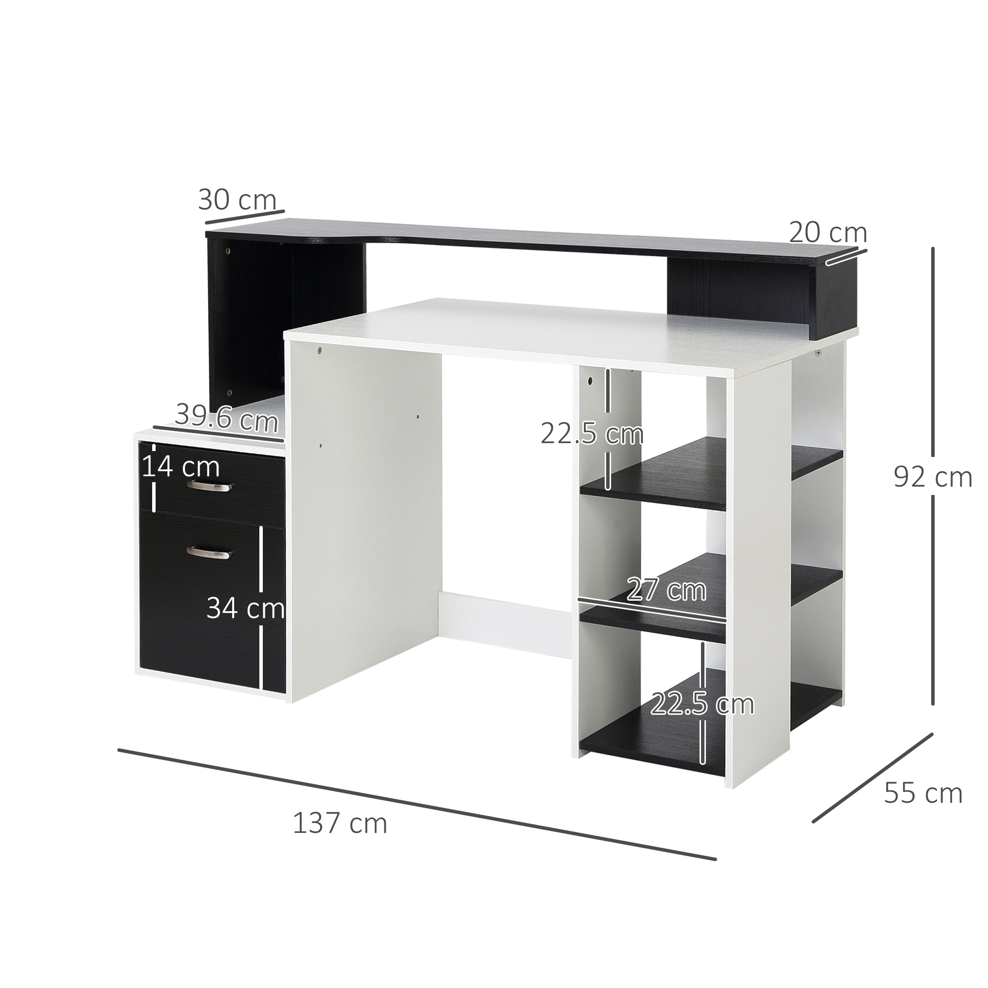 HOMCOM Computer Desk with Drawers and Storage Shelves, Office Desk Writing Table with Printer Stand, Large Workstation for Study Play Work Home Office, 137 x 55 x 92cm, Black and White - Image 3