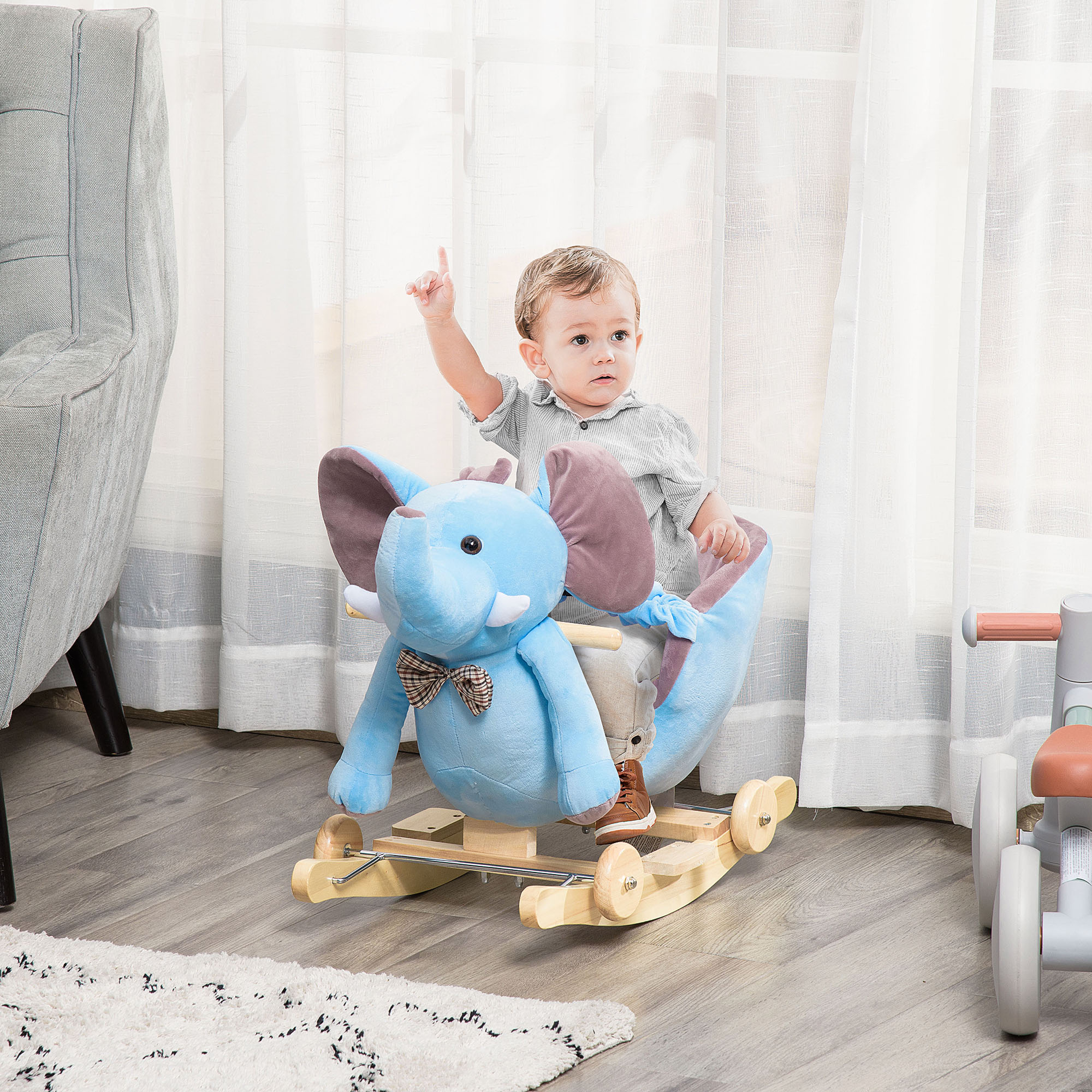 HOMCOM 2 In 1 Plush Baby Ride on Rocking Horse Elephant Rocker with Wheels Wooden Toy for Kids 32 Songs for 18+ Months (Blue) - Image 2