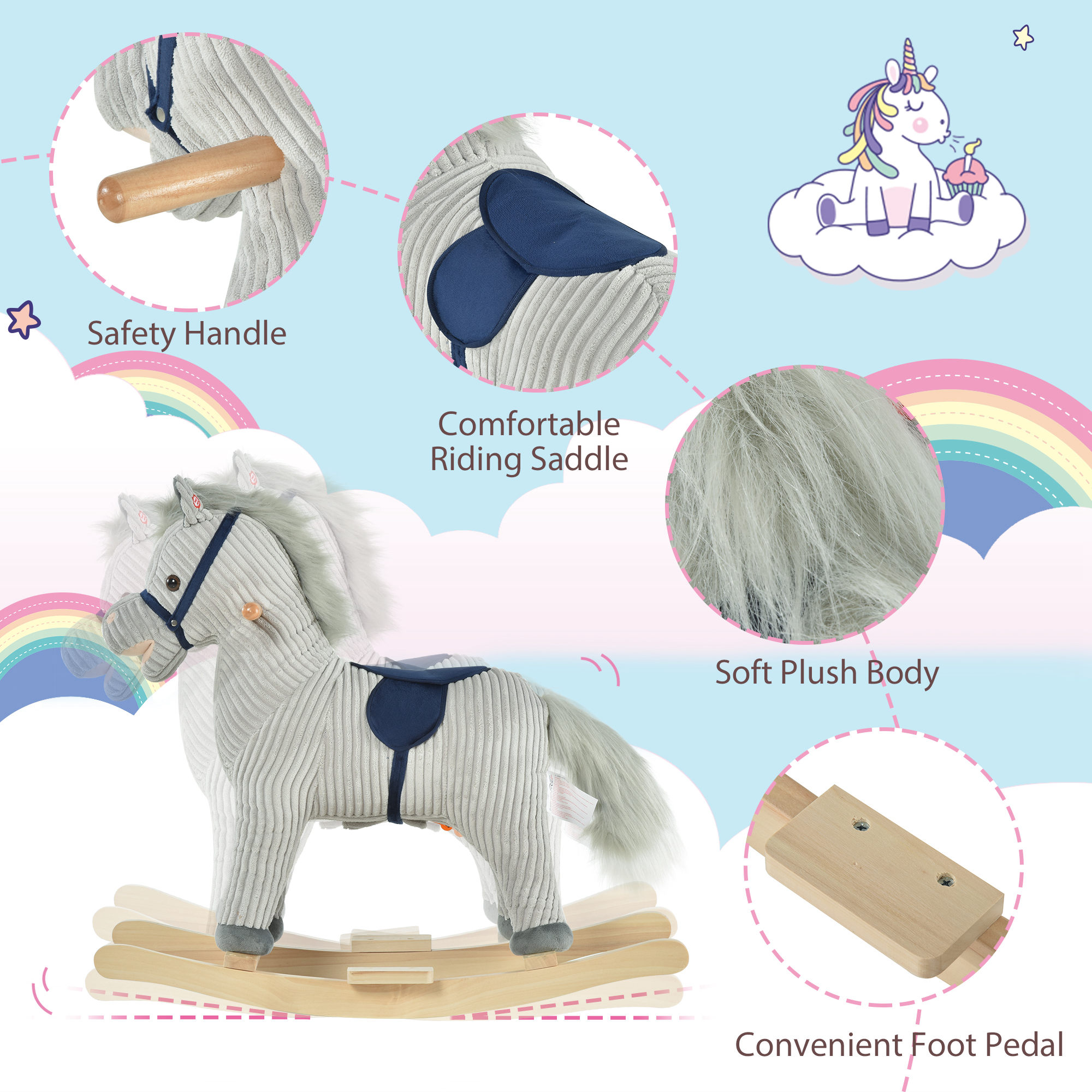 HOMCOM Kids Plush Rocking Horse w/ Sound Children Rocker Ride On Toy Gift 3-6 Years Grey - Image 4
