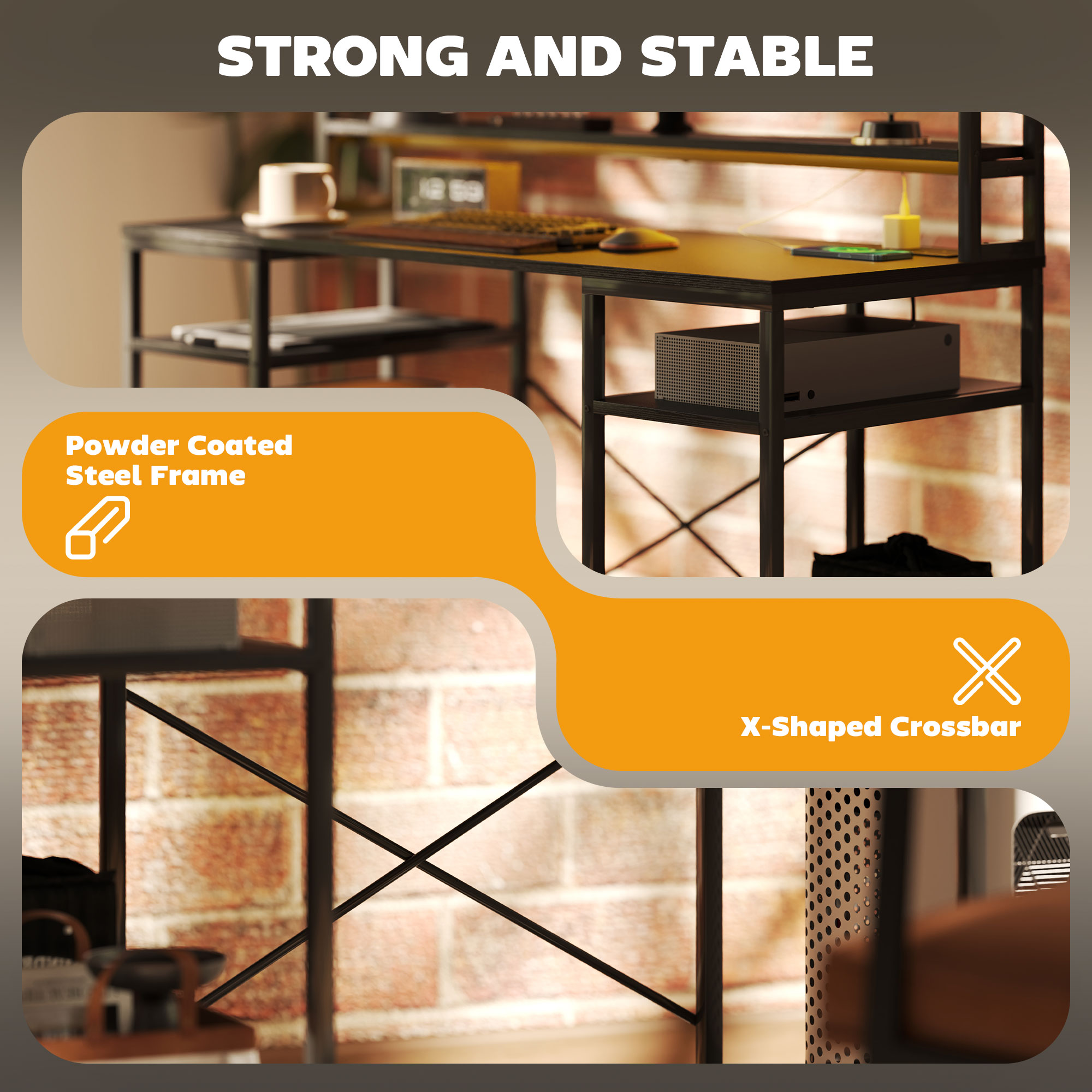 HOMCOM Computer Desk with Power Outlets and LED Lights, Home Office Desk with Monitor Stand, 2 CPU Stands and Storage Shelves, Study Table Gaming Desk with Hutch, Black - Image 8