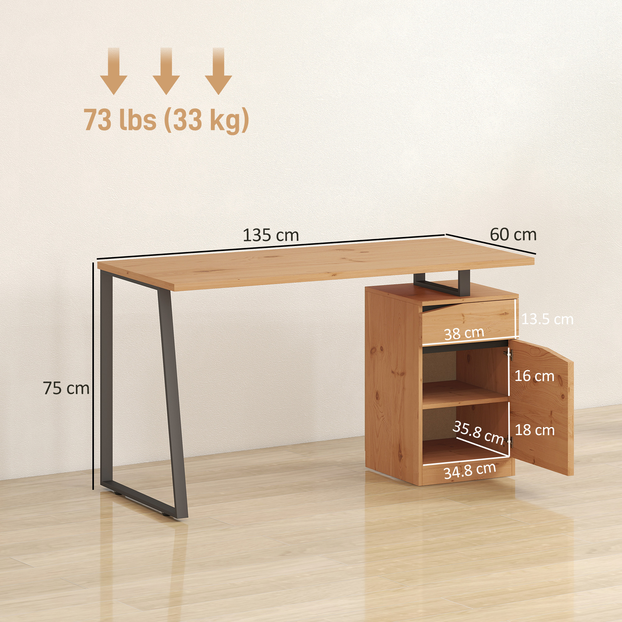 HOMCOM Computer Desk, Writing Desk with Cabinet, Drawer, Metal Legs, Work Table for Home Office Study, Natural Wood Finish - Image 3