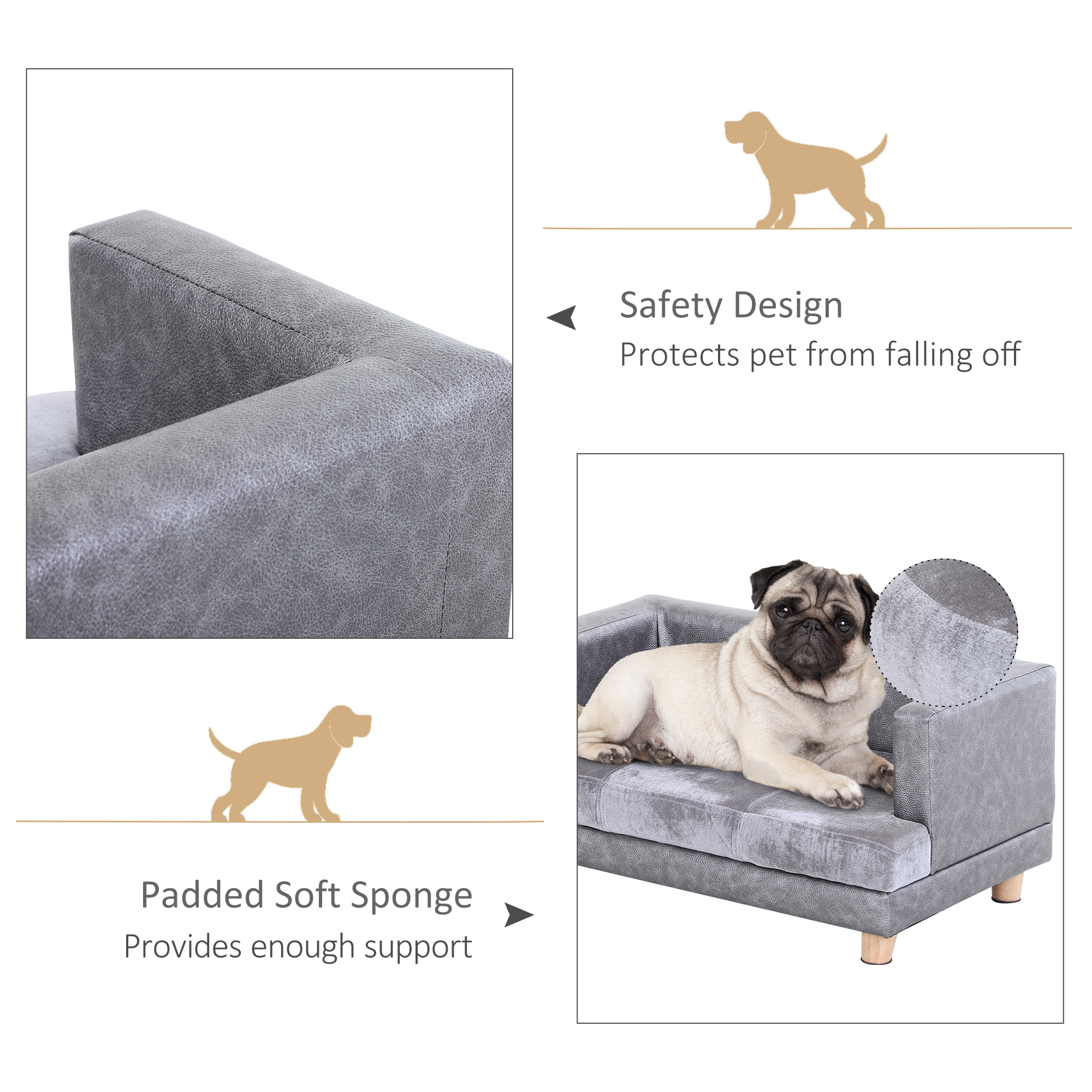 PawHut Dog Sofa Bed for Small-Sized Dogs, Elevated Pet Chair with PU Cover, Soft Cushion, Cat Couch Lounger with Anti-slip Legs - Grey - Image 5