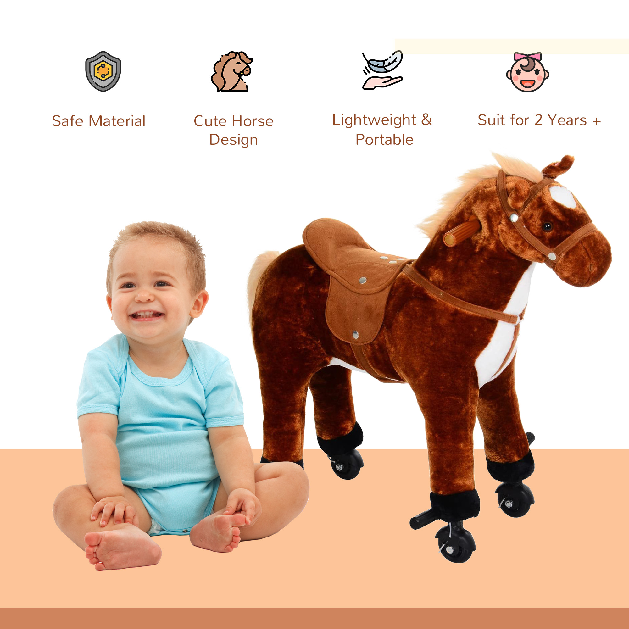 HOMCOM Plush Walking Horse Ride On Toy with Wheels and Realistic Sounds Rocking Horse for Girls Boys 2+ Years Old, 50cm Tall, Brown - Image 5