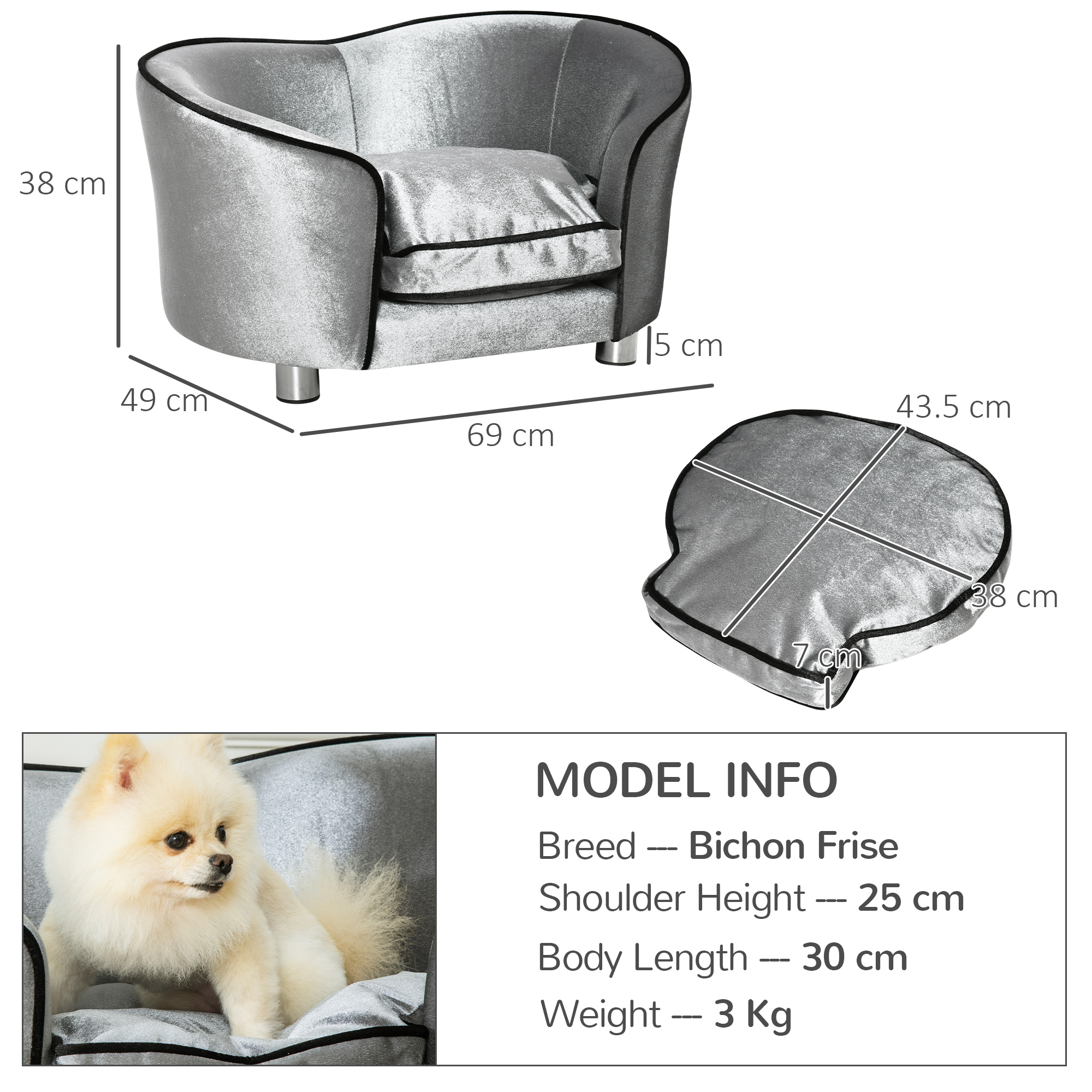 PawHut Dog Sofa Pet Chair, Kitten Bed Couch w/ Wooden Frame, Removable Cushion - Silver-Tone and Grey - Image 3