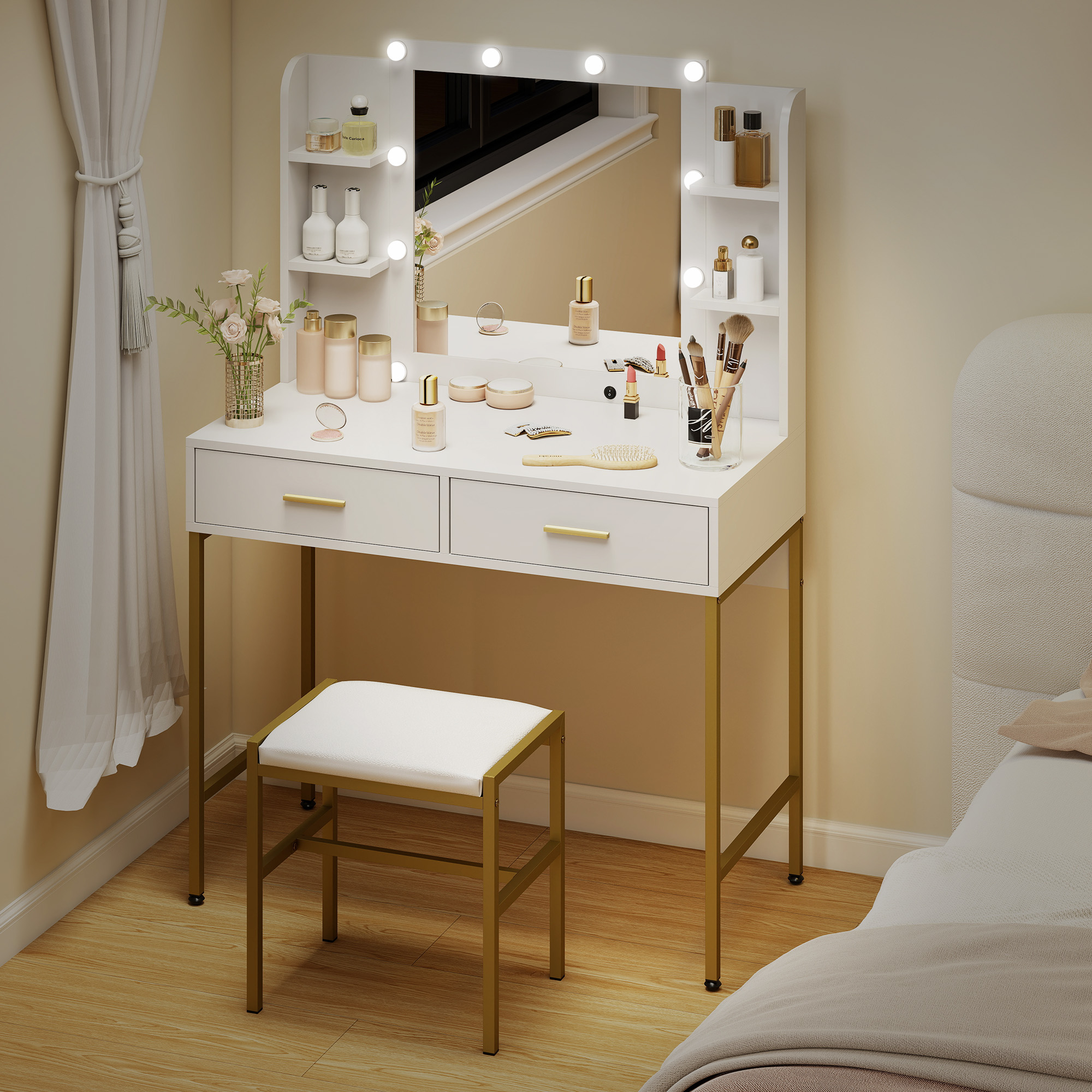 HOMCOM Dressing Table with Lighted Mirror, Cushioned Stool, Drawers, Shelves, LED Makeup Vanity Desk Set, Modern Dresser Vanity Table for Bedroom, White - Image 7