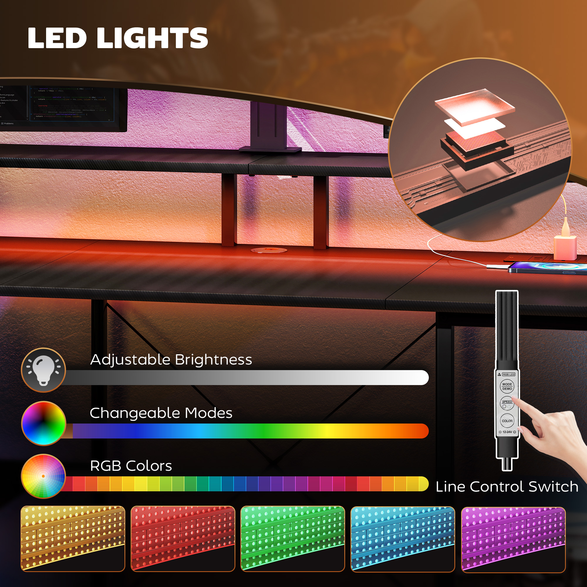 HOMCOM LED Computer Desk, with Power Outlets and Shelves - Carbon Fibre Grey - Image 5