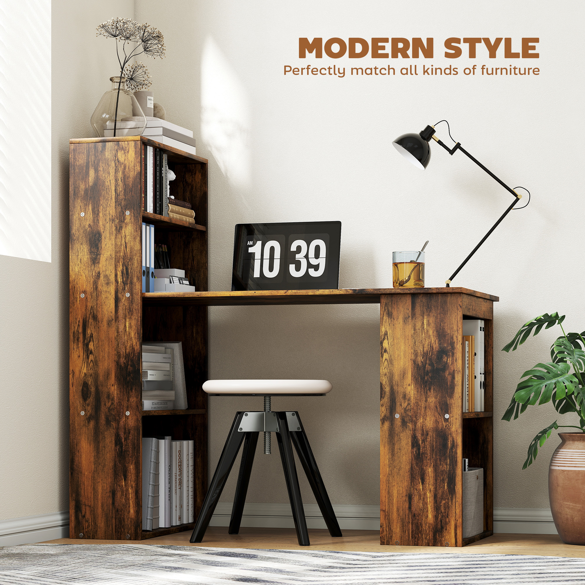 HOMCOM 120cm Computer Desk, Wooden PC Laptop Table with 6-Tier Storage Bookshelves, Home Office Working Study Desk, Writing Workstation, Rustic Brown Wood-Effect - Image 4