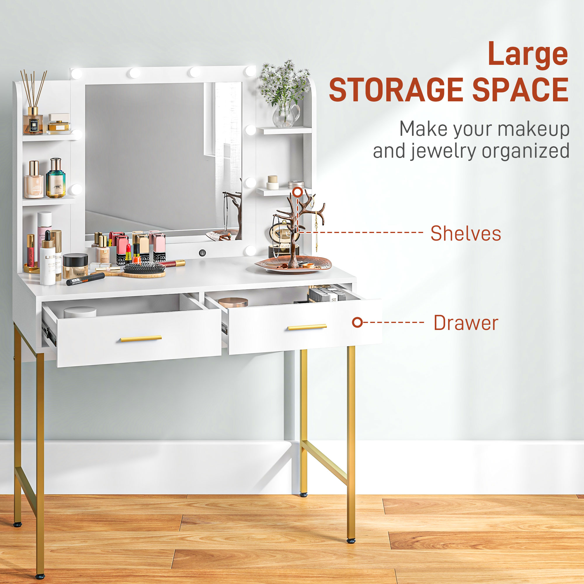 HOMCOM Dressing Table with Lighted Mirror, Cushioned Stool, Drawers, Shelves, LED Makeup Vanity Desk Set, Modern Dresser Vanity Table for Bedroom, White - Image 5