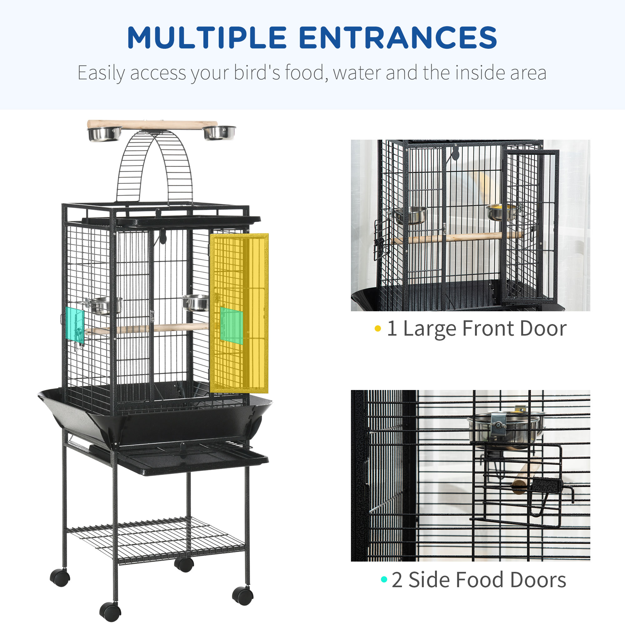 PawHut 156cm Bird Cage,Large Parrot Cage with Open Play Top, Perch, Seed Guard, Wheels, Storage Shelf, Dark Grey - Image 6