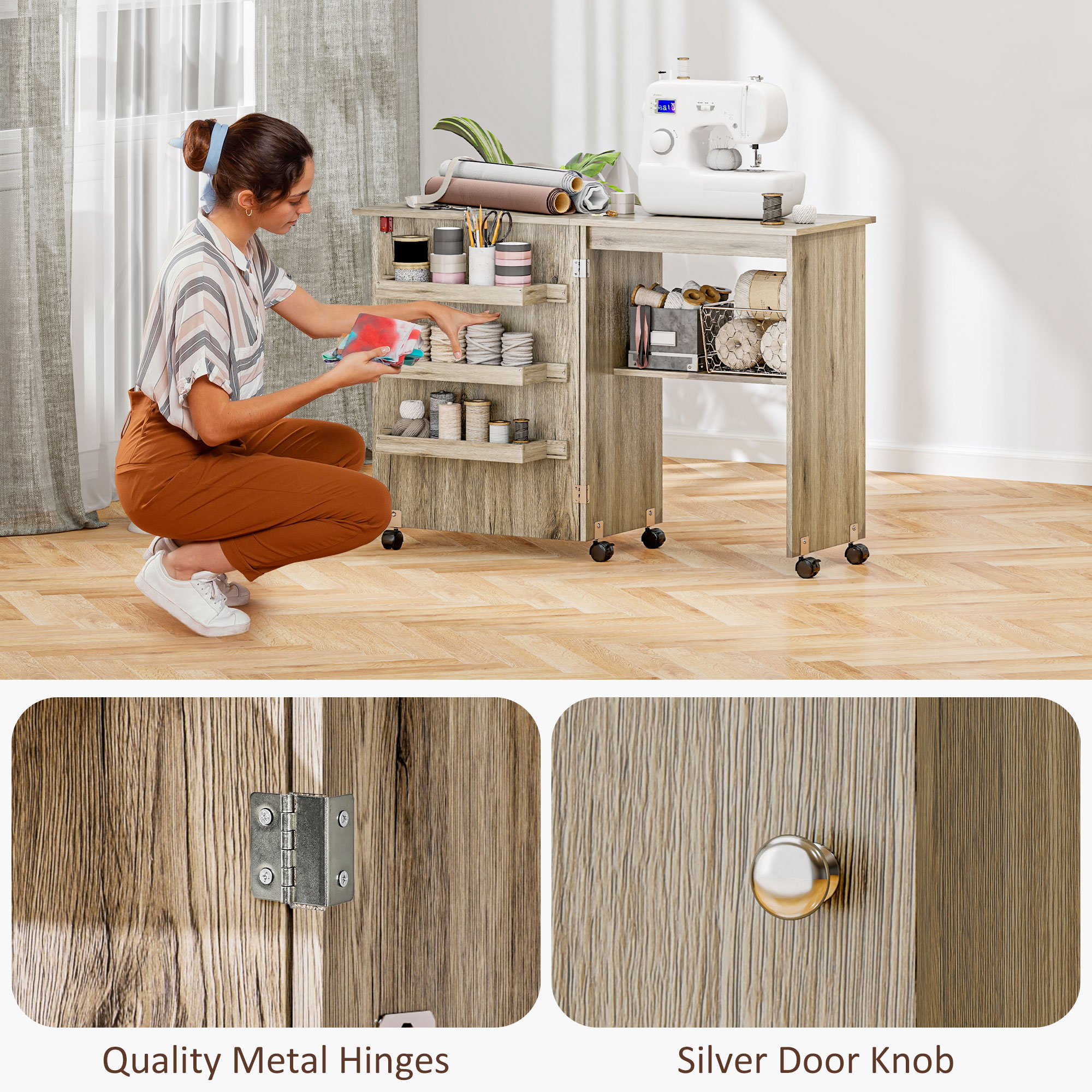 HOMCOM Folding Sewing Table, Drop Leaf Craft Table with Storage Bins, Open Shelf and Wheels, Rolling Sewing Machine Cabinet Computer Desk for Small Space, Grey - Image 8