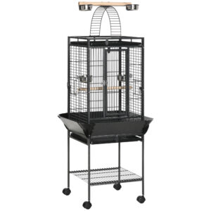 PawHut 156cm Bird Cage,Large Parrot Cage with Open Play Top, Perch, Seed Guard, Wheels, Storage Shelf, Dark Grey