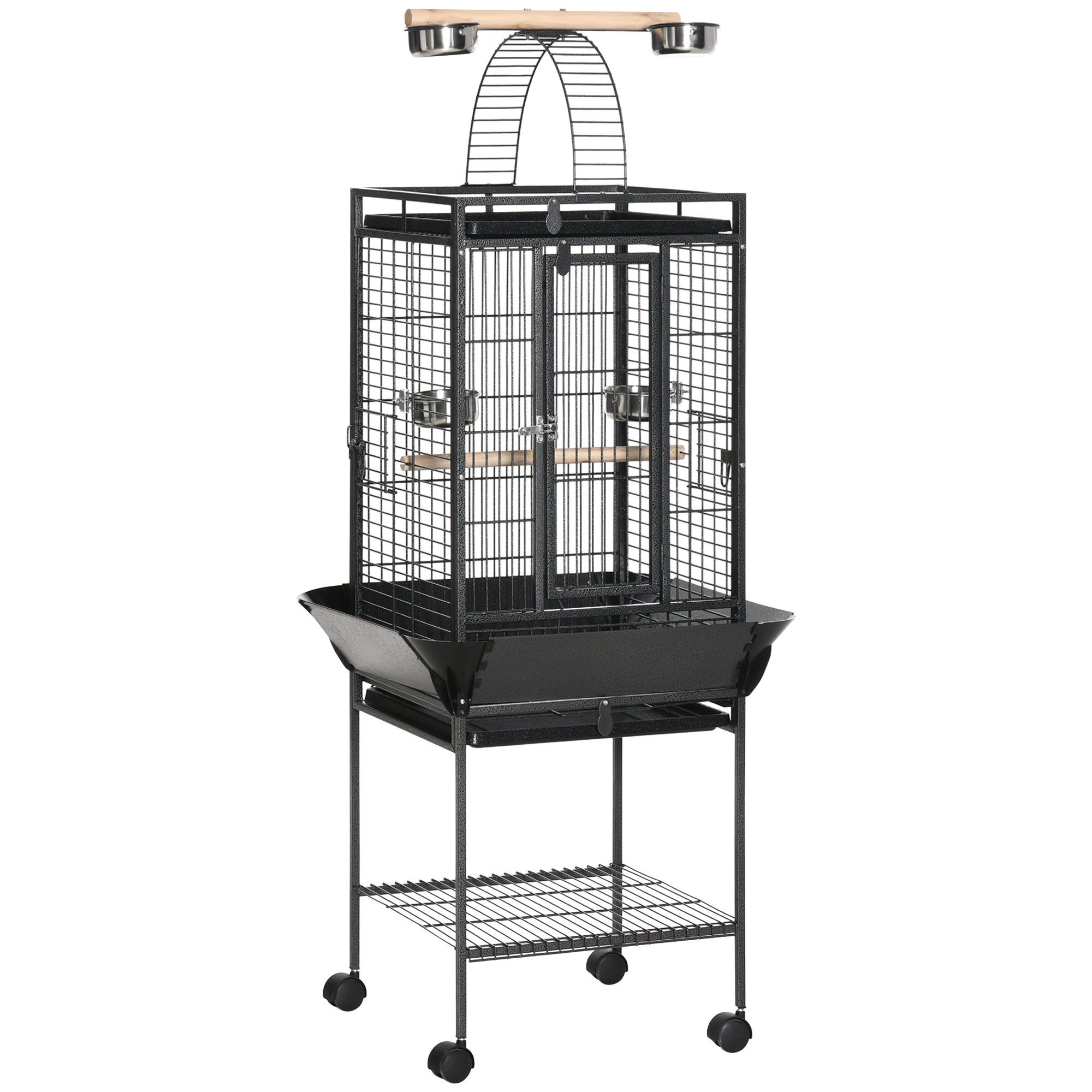 PawHut 156cm Bird Cage,Large Parrot Cage with Open Play Top, Perch, Seed Guard, Wheels, Storage Shelf, Dark Grey