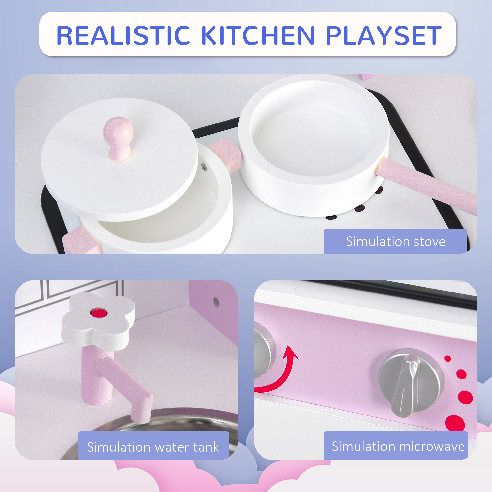 HOMCOM Kids Pretend Kitchen Playset w/ Cooking Toy Accessories - Pink - Image 5