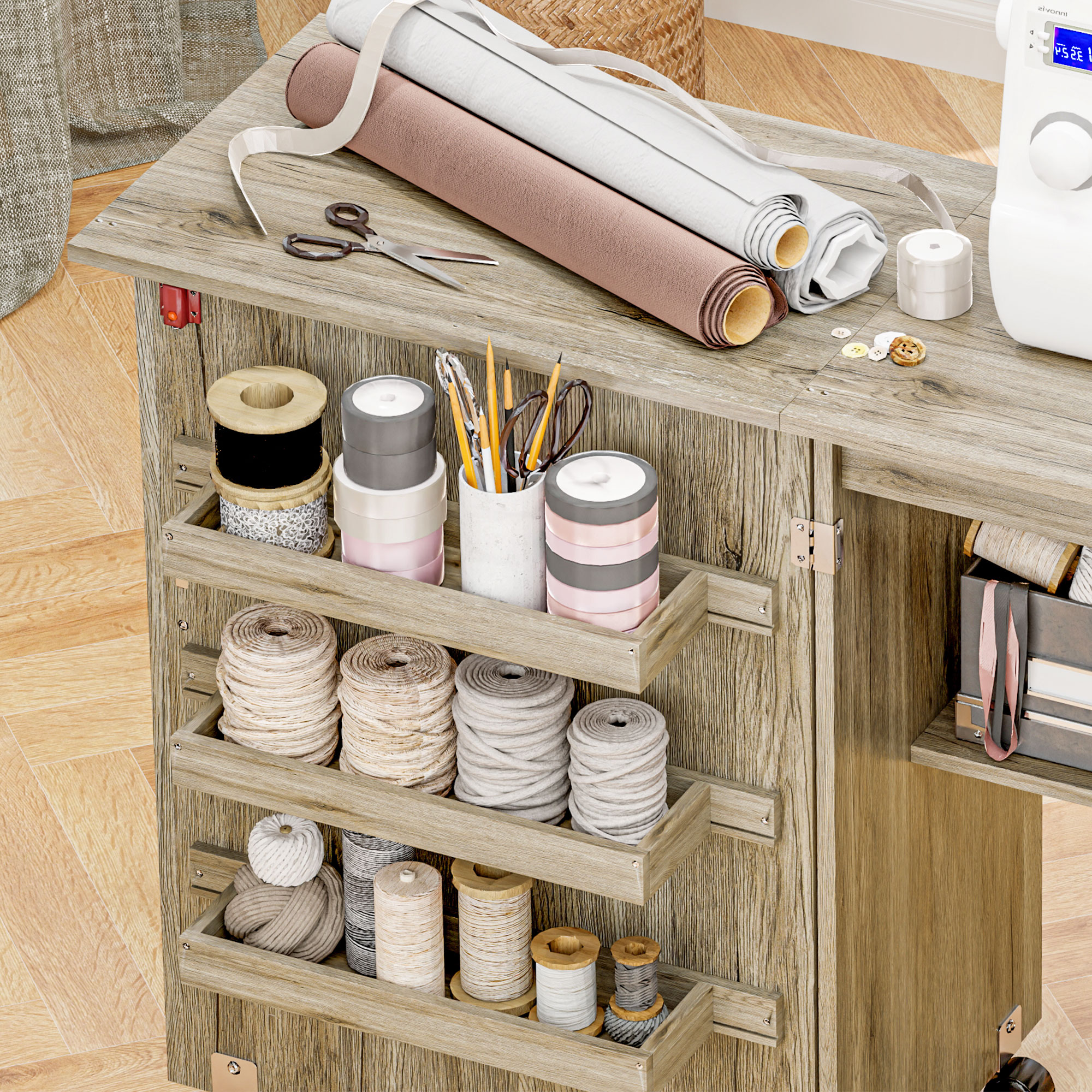 HOMCOM Folding Sewing Table, Drop Leaf Craft Table with Storage Bins, Open Shelf and Wheels, Rolling Sewing Machine Cabinet Computer Desk for Small Space, Grey - Image 9