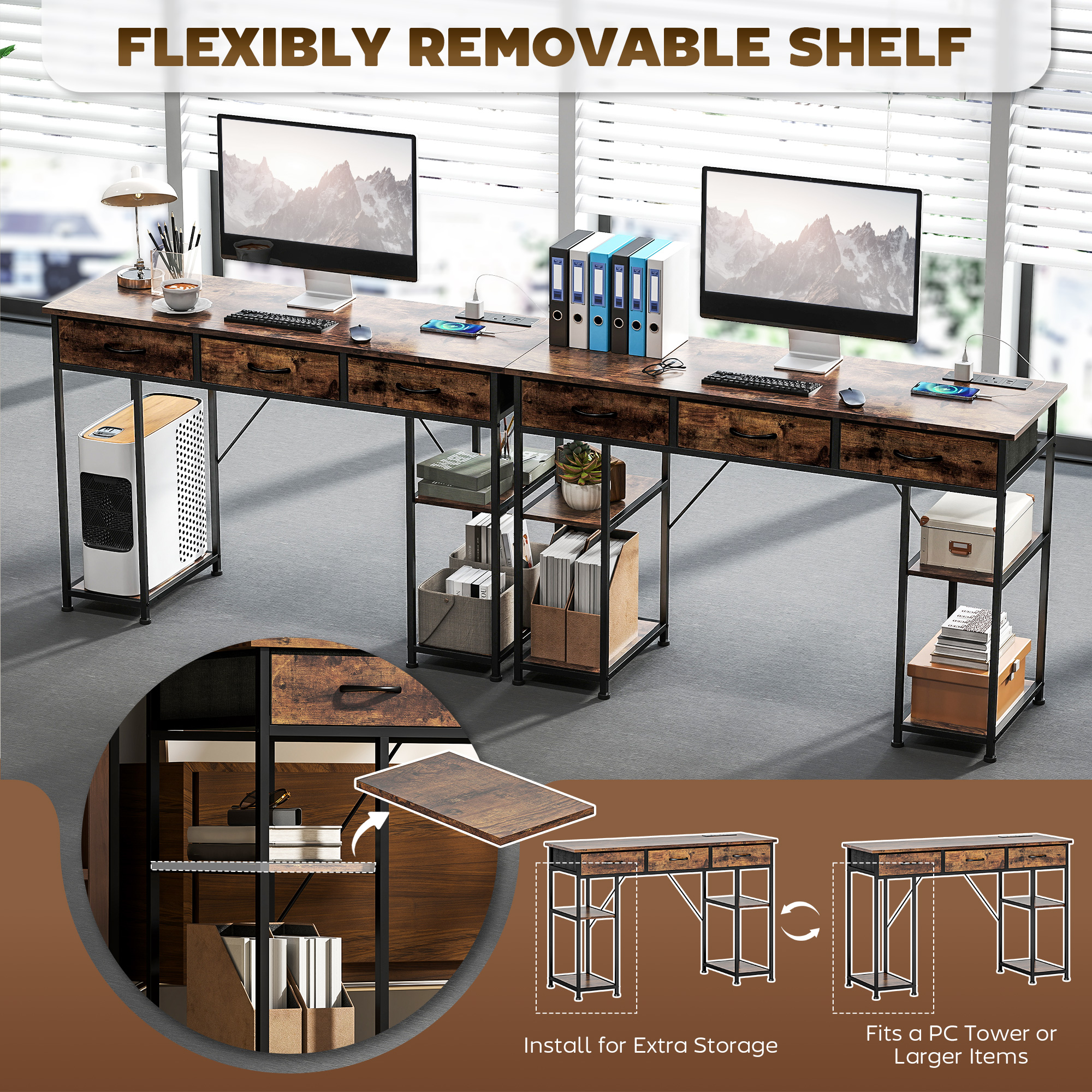 HOMCOM 120cm Computer Desk with Power Outlets, Office Desk Study Table with Fabric Drawers and Storage Shelves, Rustic Brown - Image 6