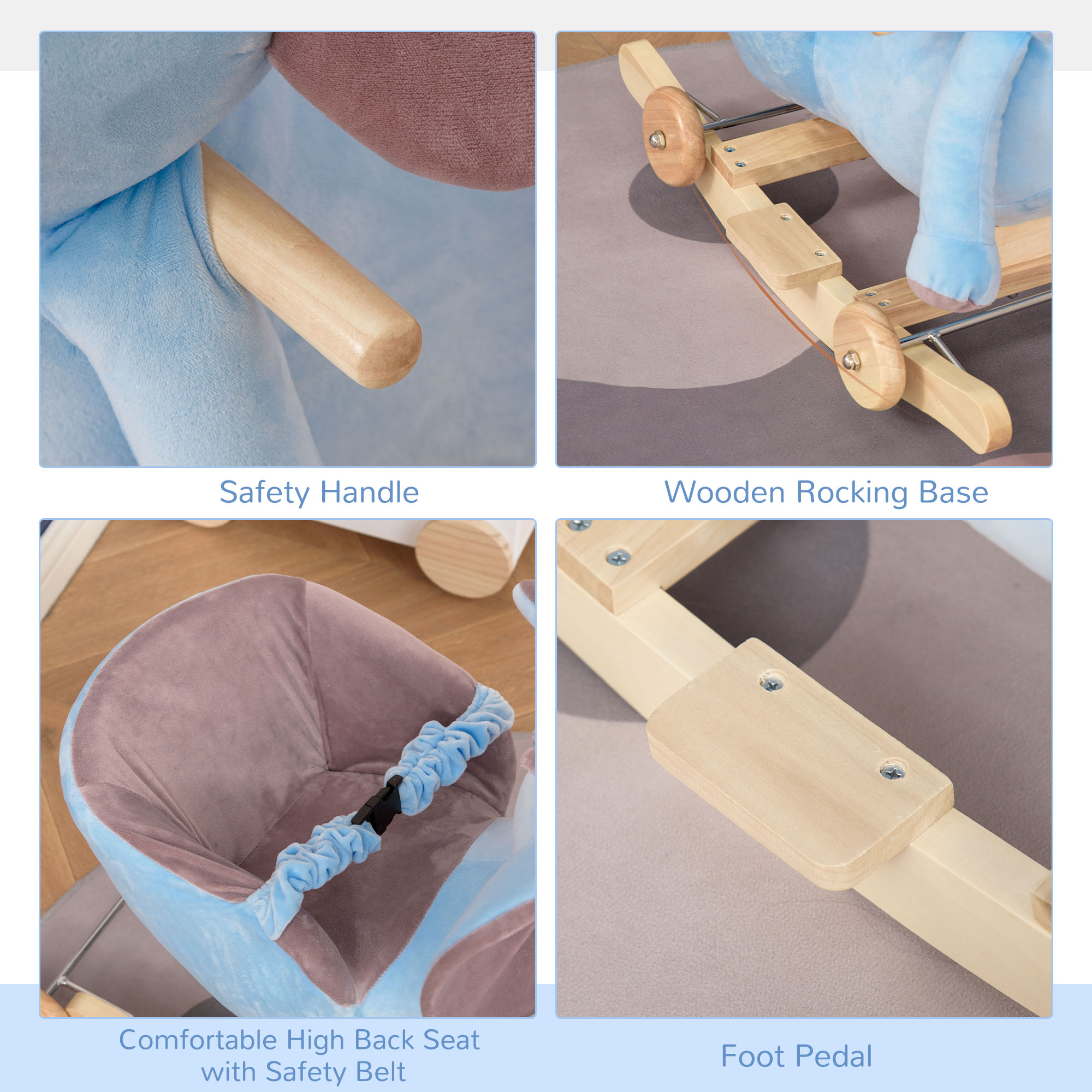 HOMCOM 2 In 1 Plush Baby Ride on Rocking Horse Elephant Rocker with Wheels Wooden Toy for Kids 32 Songs for 18+ Months (Blue) - Image 6