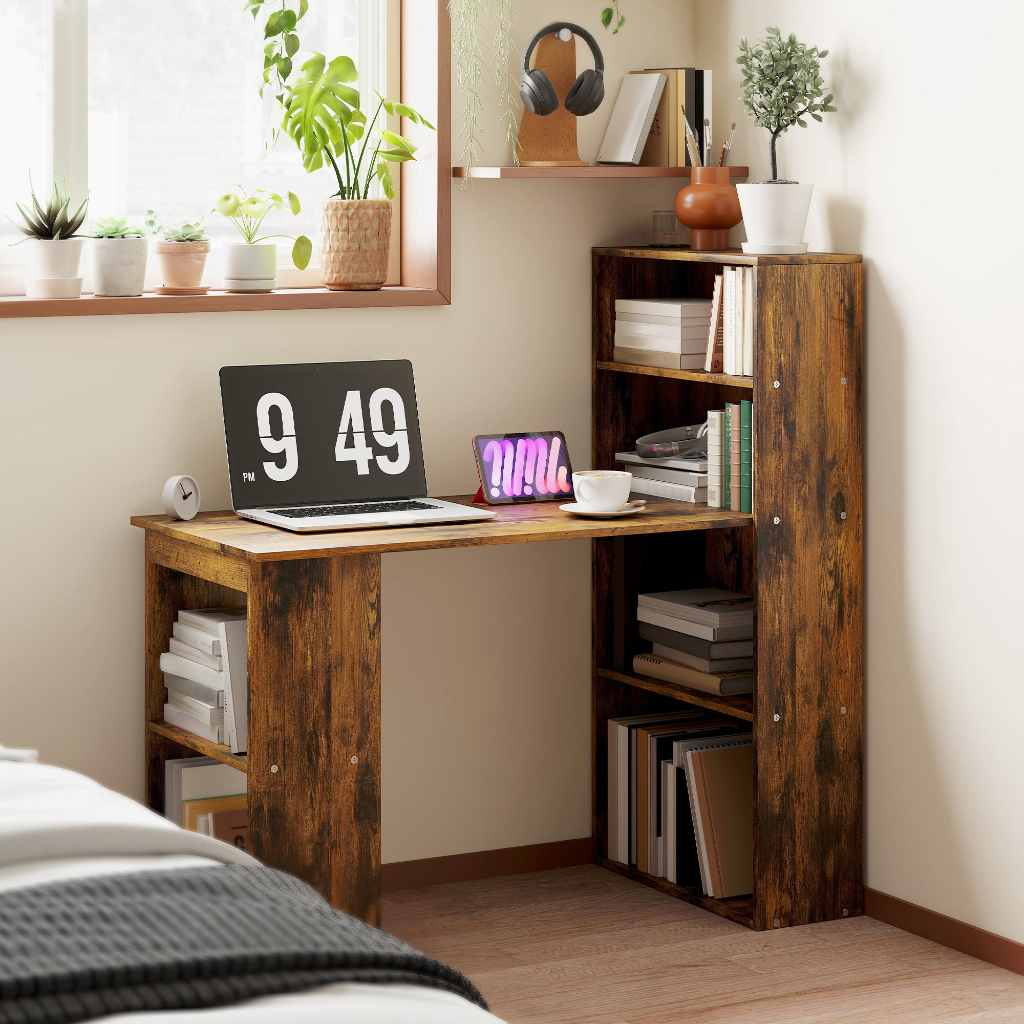 HOMCOM 120cm Computer Desk, Wooden PC Laptop Table with 6-Tier Storage Bookshelves, Home Office Working Study Desk, Writing Workstation, Rustic Brown Wood-Effect - Image 2