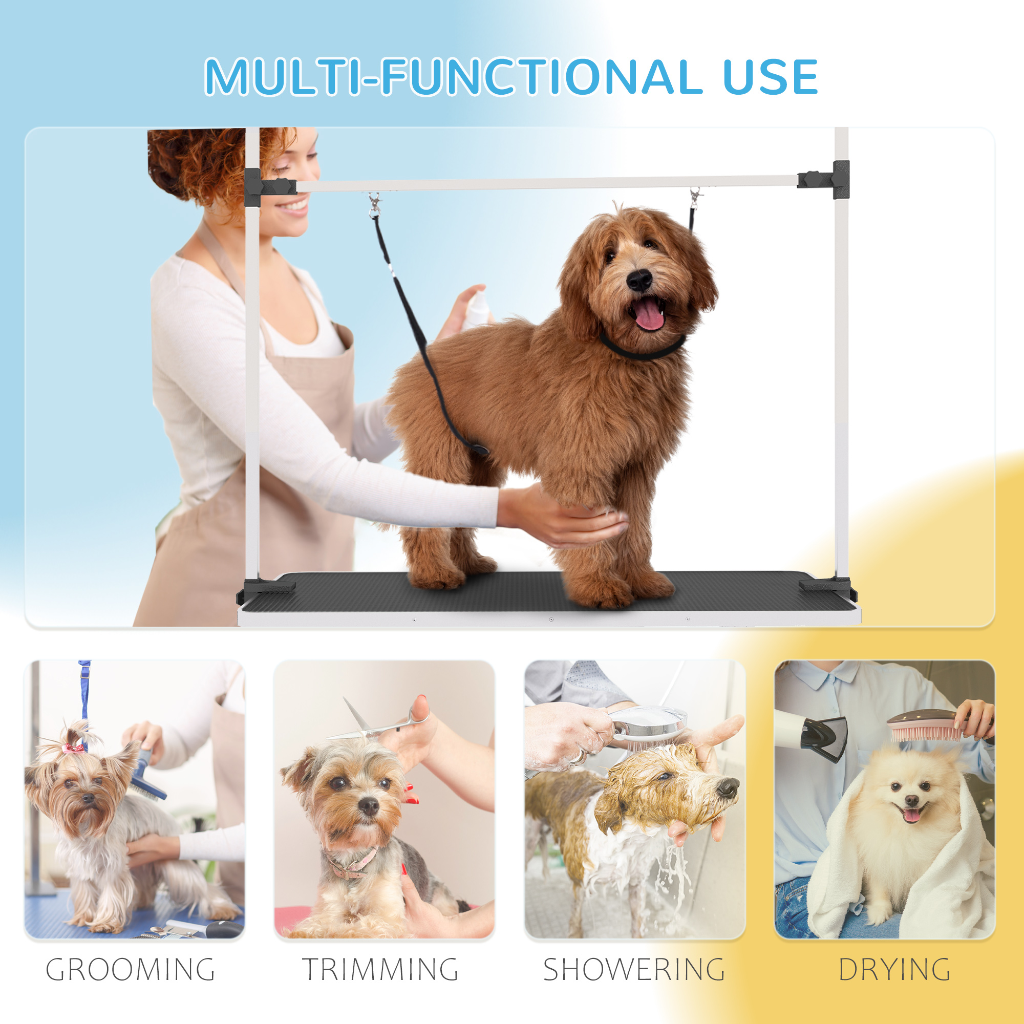 PawHut 42" Dog Grooming Table, Adjustable Pet Cat Drying Beauty Table with 2 Loops Storage Basket, Rubber Top, Black - Image 7