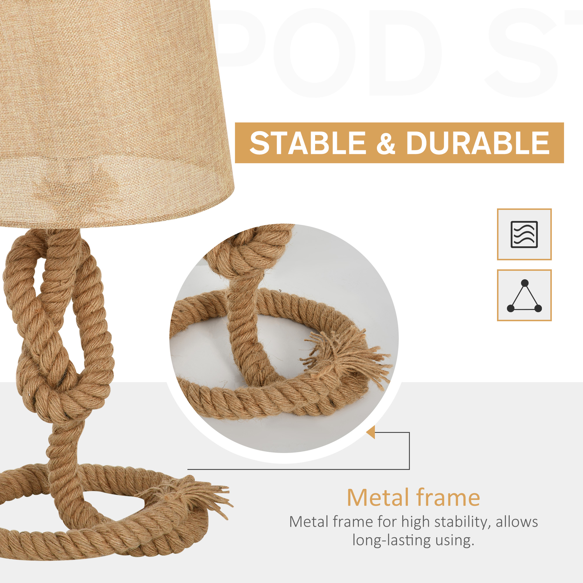 HOMCOM Nautical Style Table Lamp with Fabric Lampshade Metal Frame Power Switch, 48cm Home Desk Lamp Bedroom Living Room Study E27 Base, Beige - Image 5